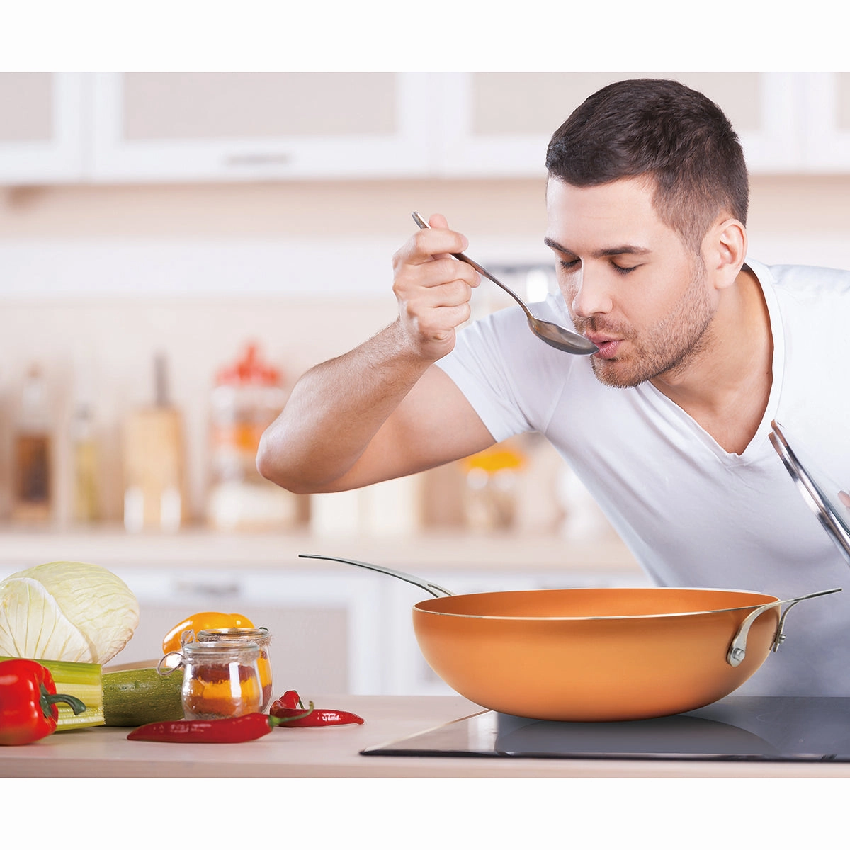 Chef'S Wok & Glass Lid, Copper Color Ceramic Non-Stick Coating, 12"