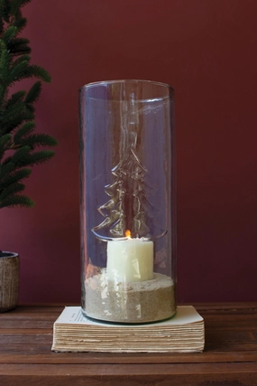Clear Glass Cylinder with Embossed Christmas Tree Candle Holders discount collection