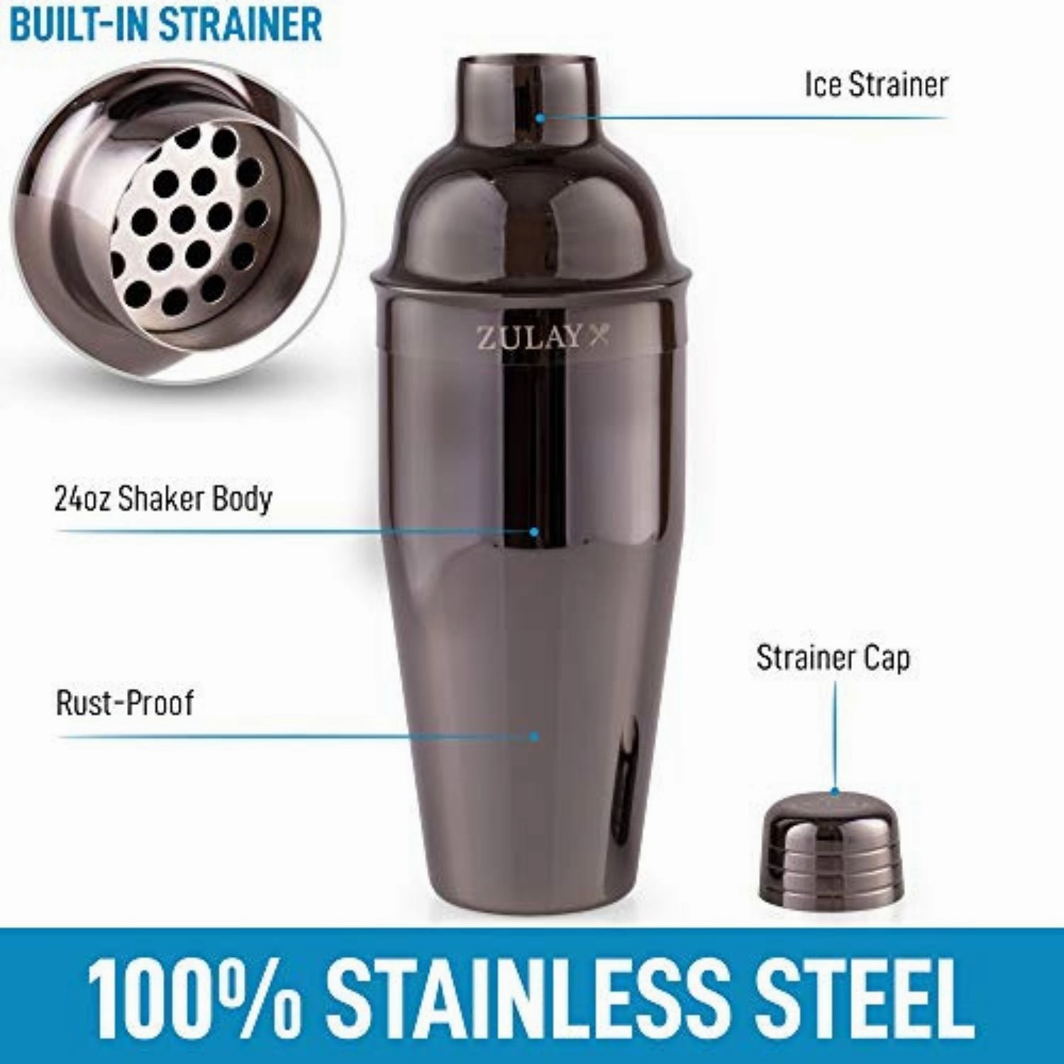 Cocktail Shaker with Built-in Strainer For Bartending & Homebars (24oz)