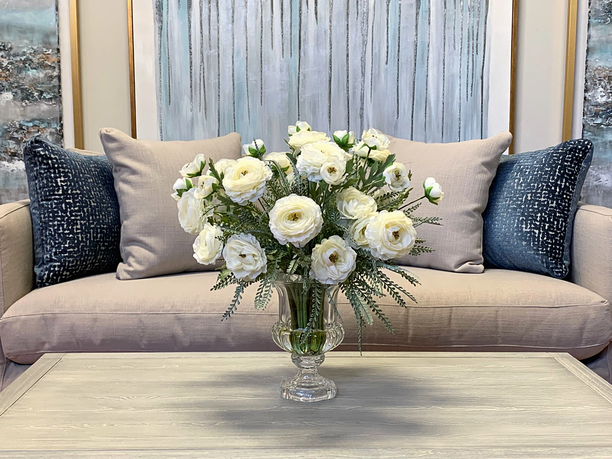 Creative Displays Ranunculus Floral Arrangement in Glass Pedestal Vase