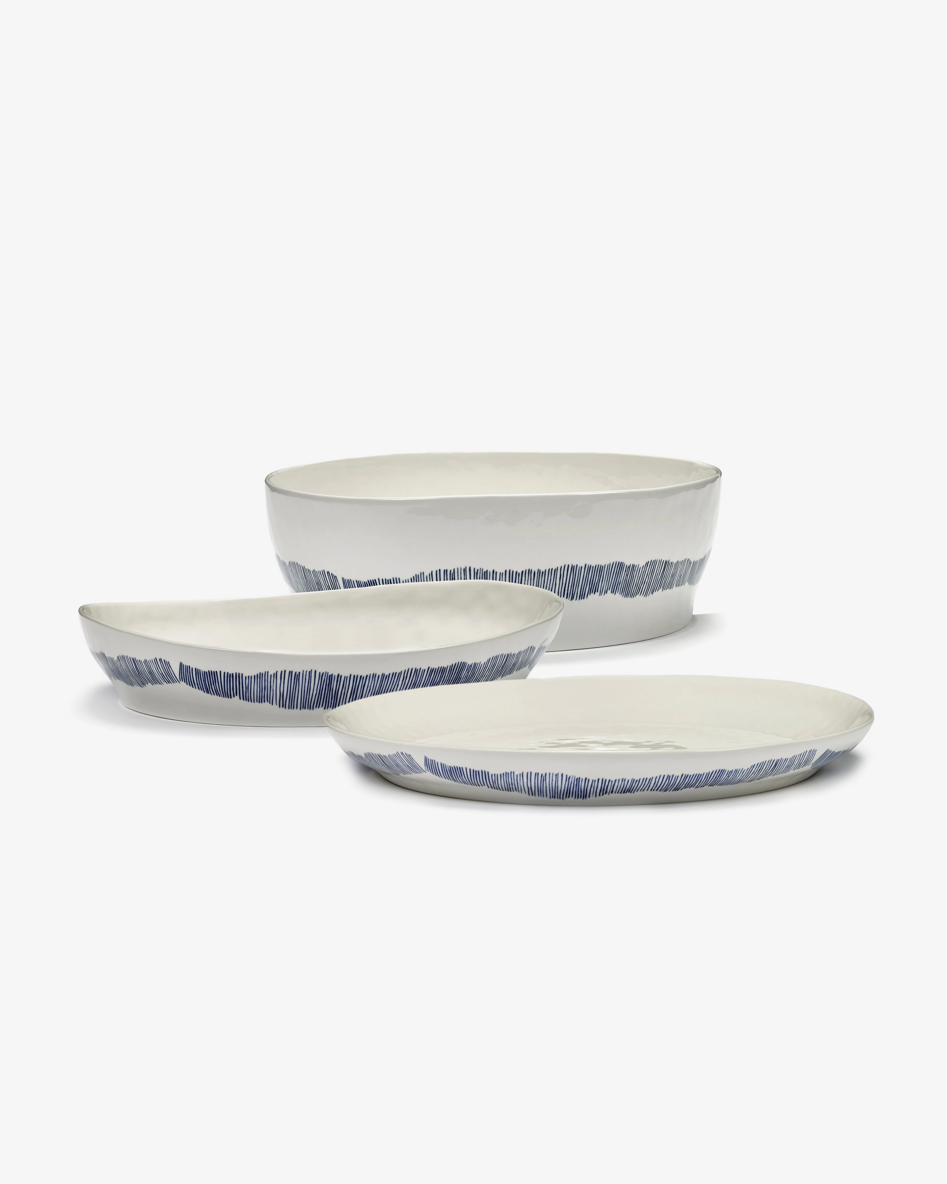 Deep serving plate S white - blue stripes Feast