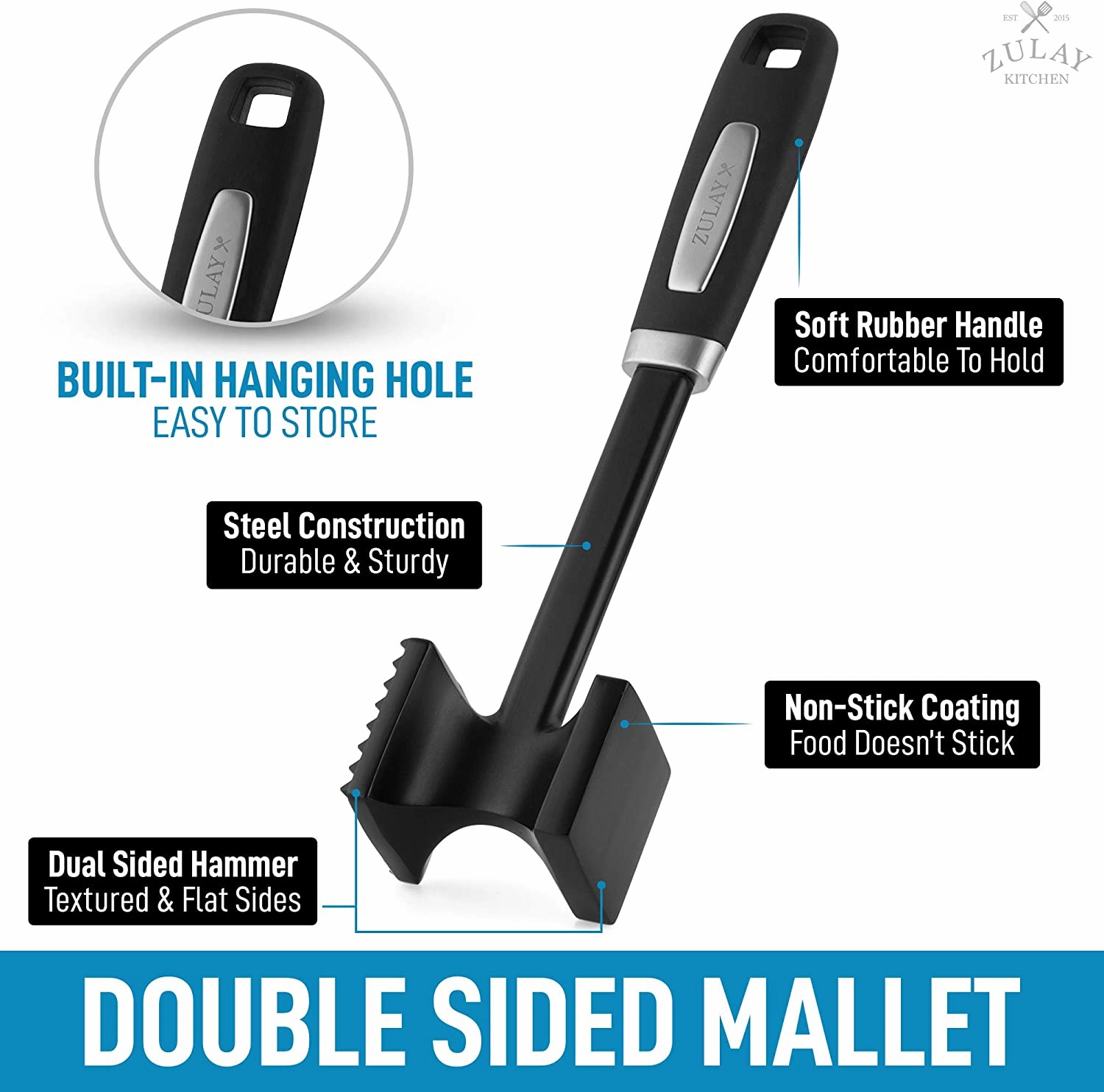 Dual-Sided Meat Mallet Tenderizer With Comfort-Grip Handle