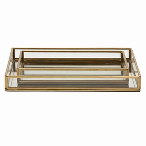 Evant Clear Glass/Antiqued Metal Tray, Set of 2 Decorative Trays cheap sale