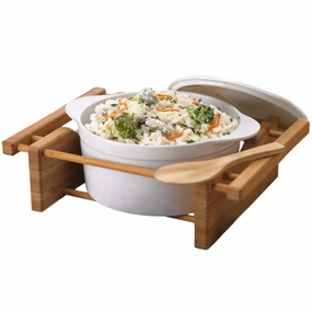 EVCO International 73459 BAMBOO & STONEWARE Grand Buffet 2.5 Qt Covered Casserole Bakeware Dish with Bamboo Cradles Bakeware online promo