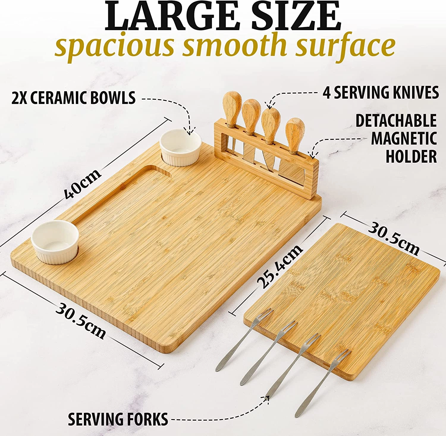 Extra Thick Bamboo Charcuterie Board Set with 4 Piece Knife Set