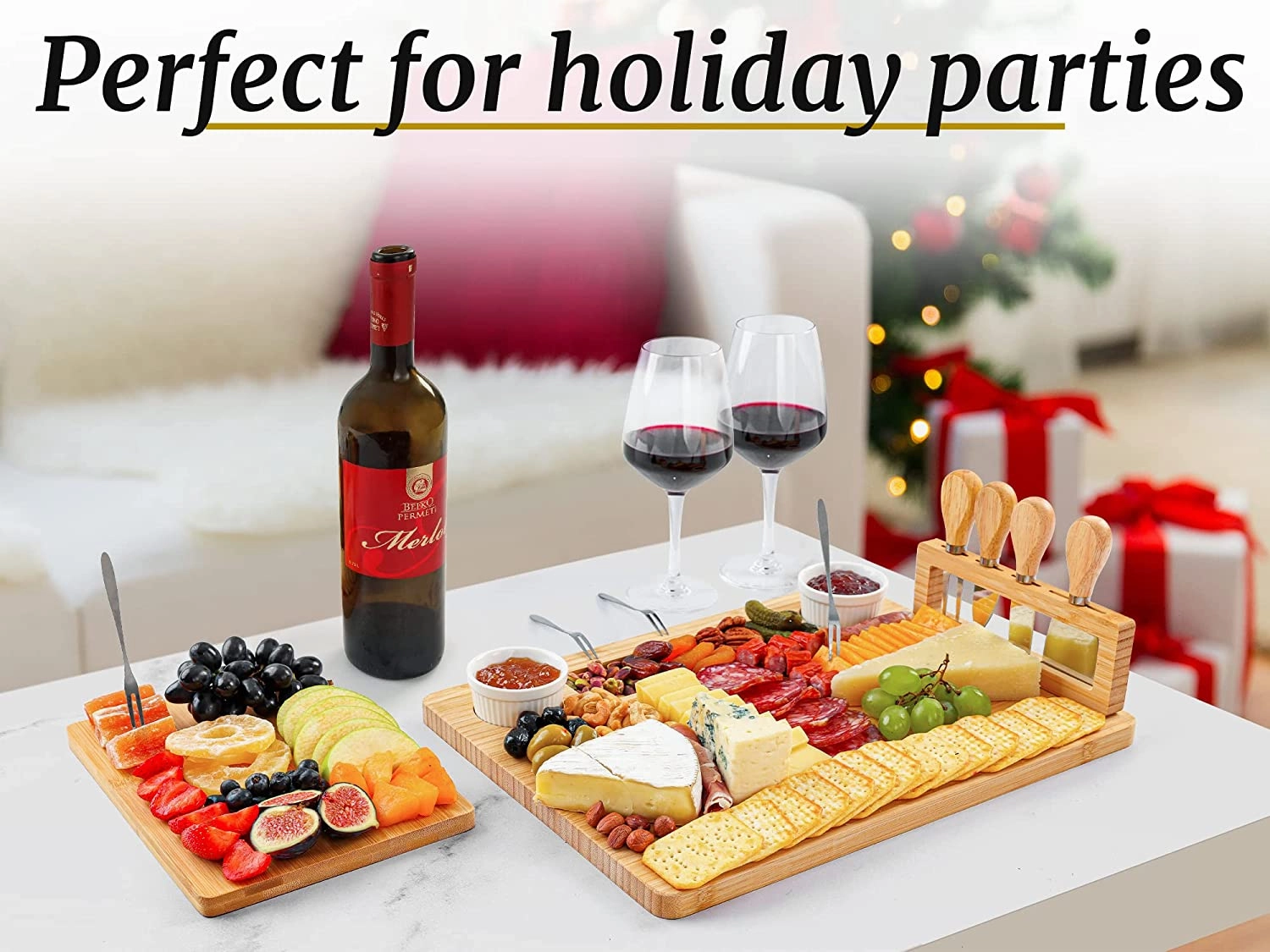 Extra Thick Bamboo Charcuterie Board Set with 4 Piece Knife Set