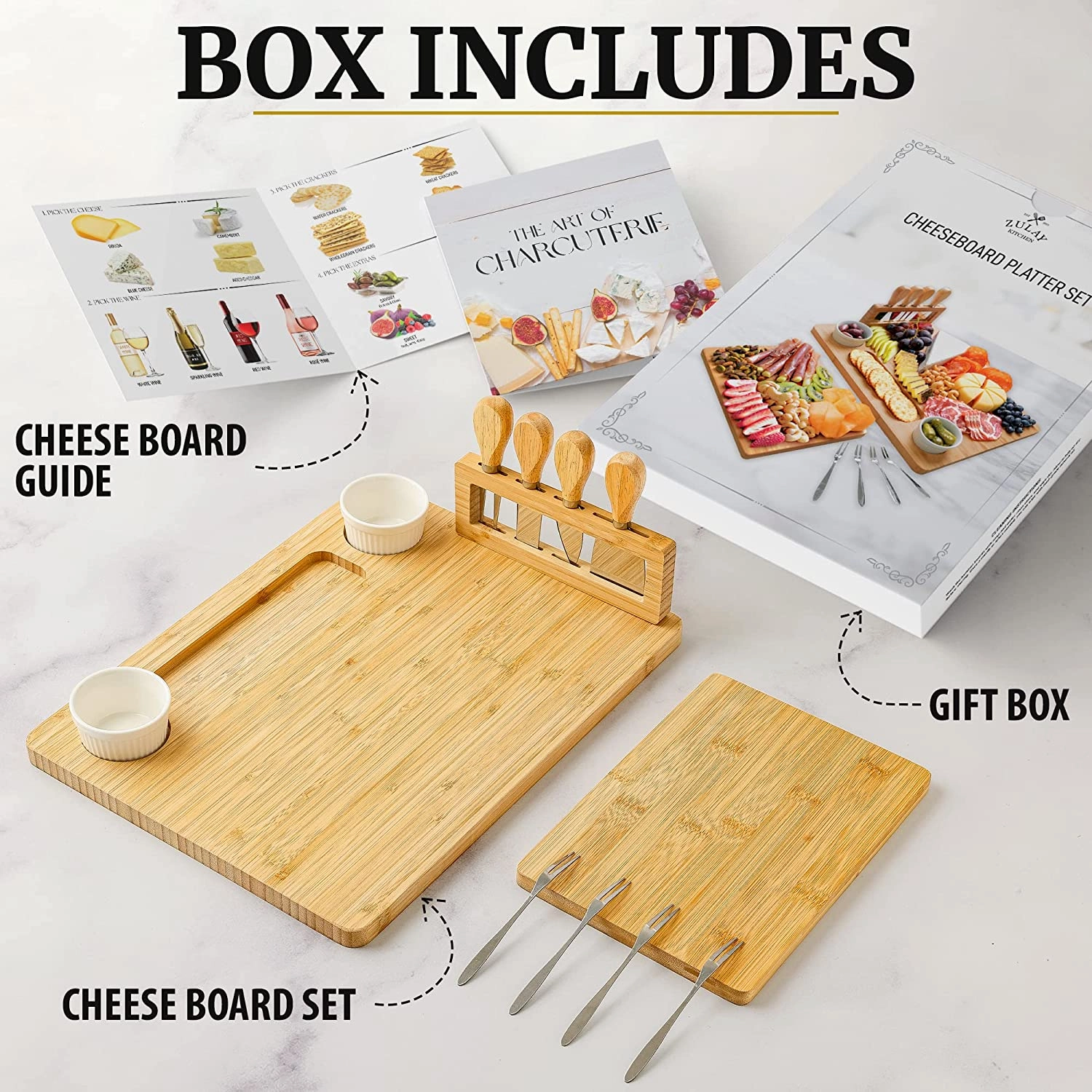 Extra Thick Bamboo Charcuterie Board Set with 4 Piece Knife Set