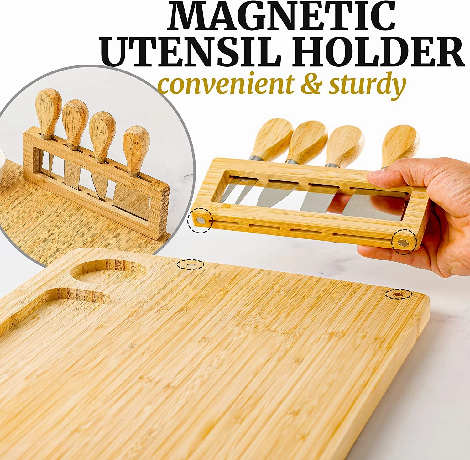 Extra Thick Bamboo Charcuterie Board Set with 4 Piece Knife Set