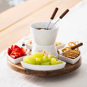Fondue Set White Ceramic and Acacia Wood Serveware clearance shop