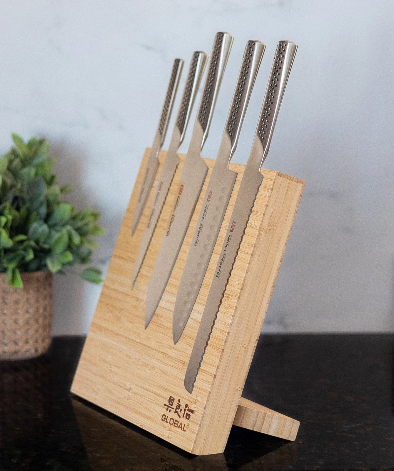 Global Bitoku Ukon Essentials 5 Piece Knife Set with Magnetic Block, Hardwood