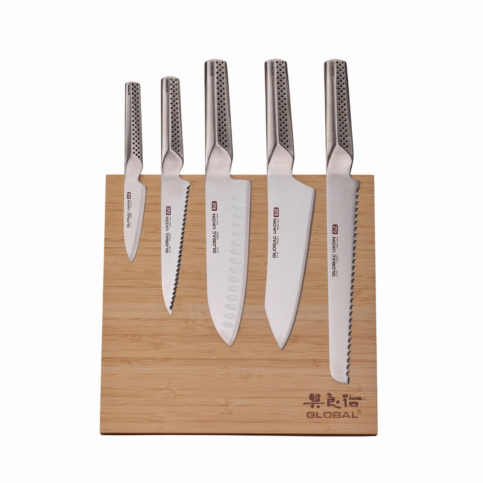 Global Bitoku Ukon Essentials 5 Piece Knife Set with Magnetic Block, Hardwood