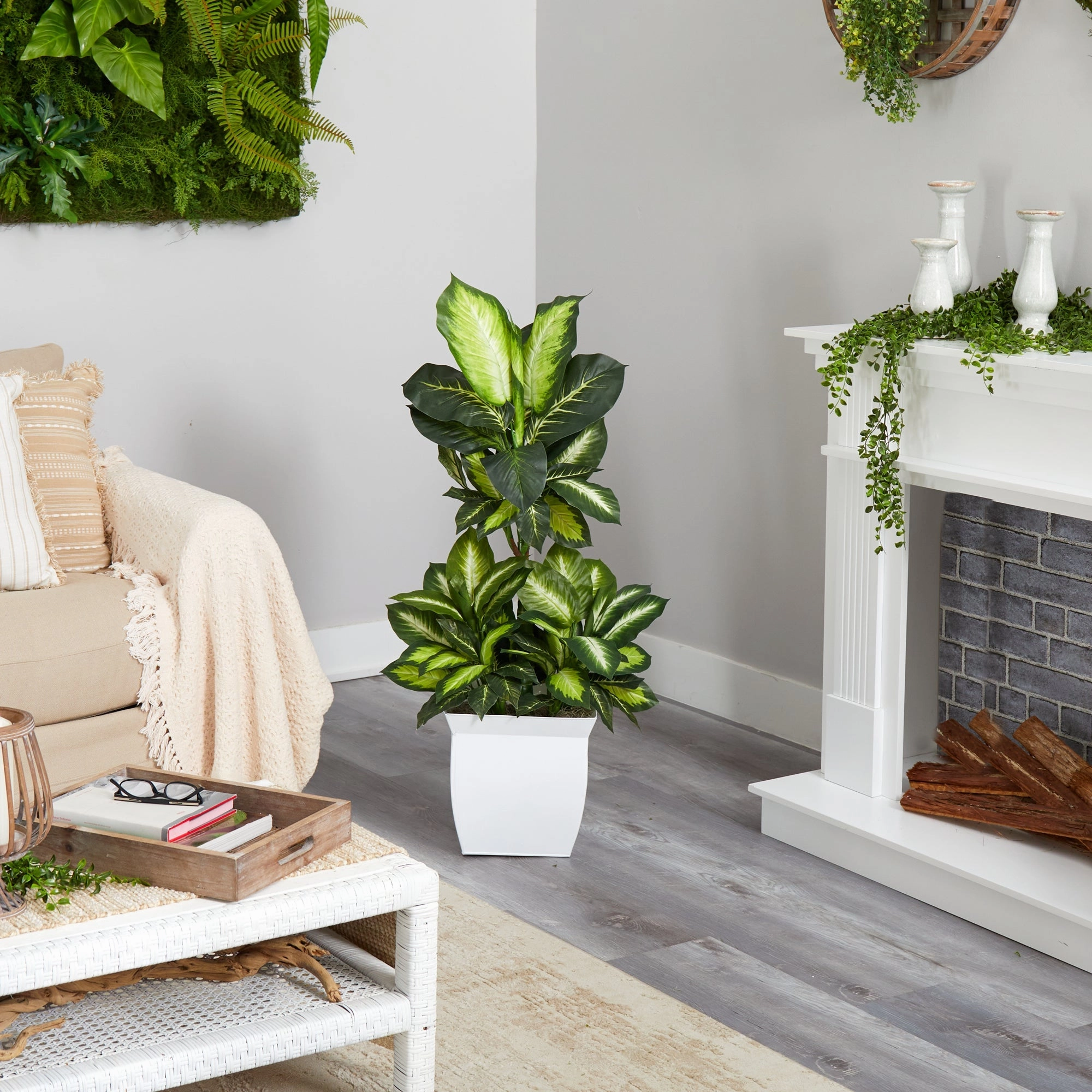 Golden Dieffenbachia Artificial Plant in White Metal Planter 46"