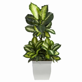 Golden Dieffenbachia Artificial Plant in White Metal Planter 46" Faux Florals home florals discount