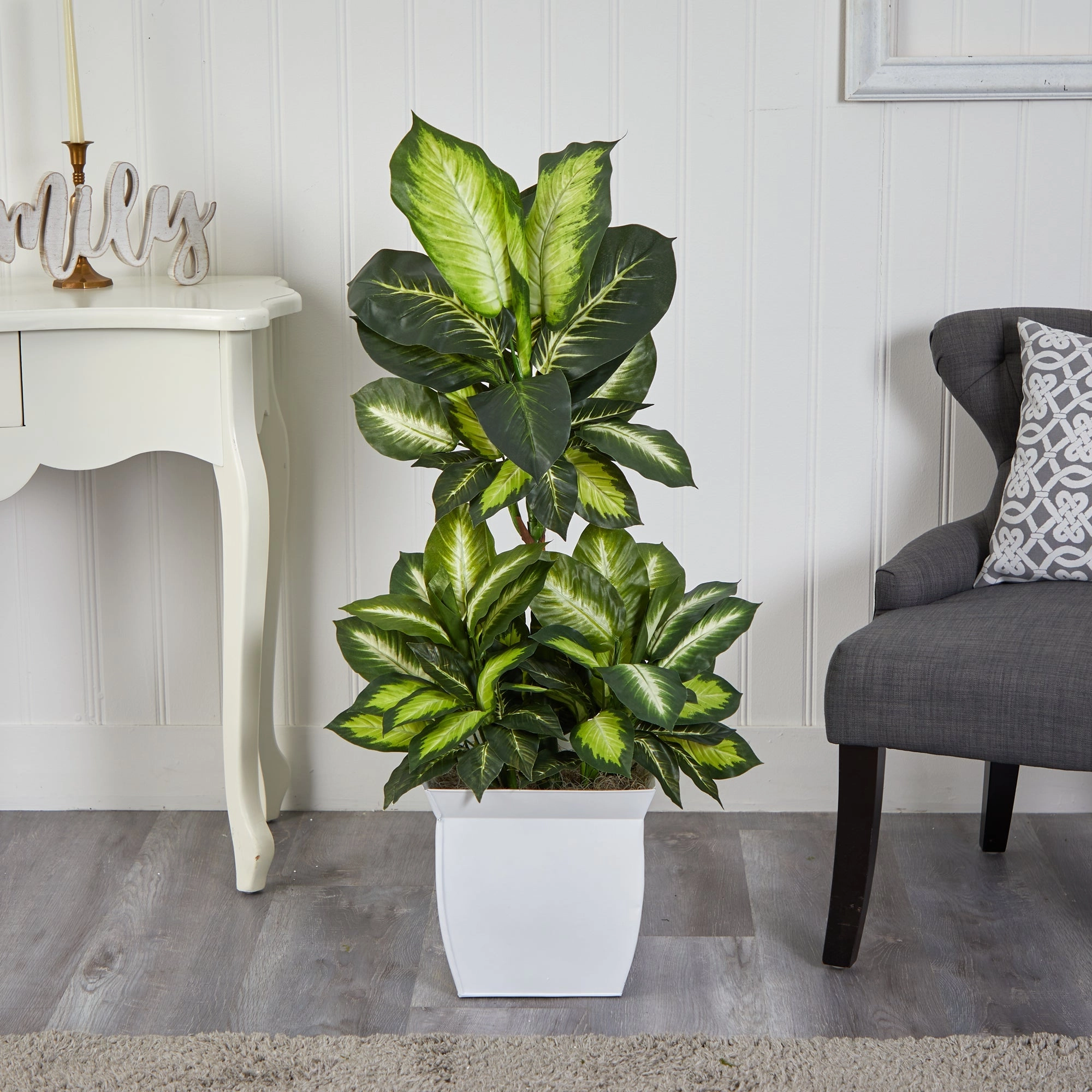 Golden Dieffenbachia Artificial Plant in White Metal Planter 46"