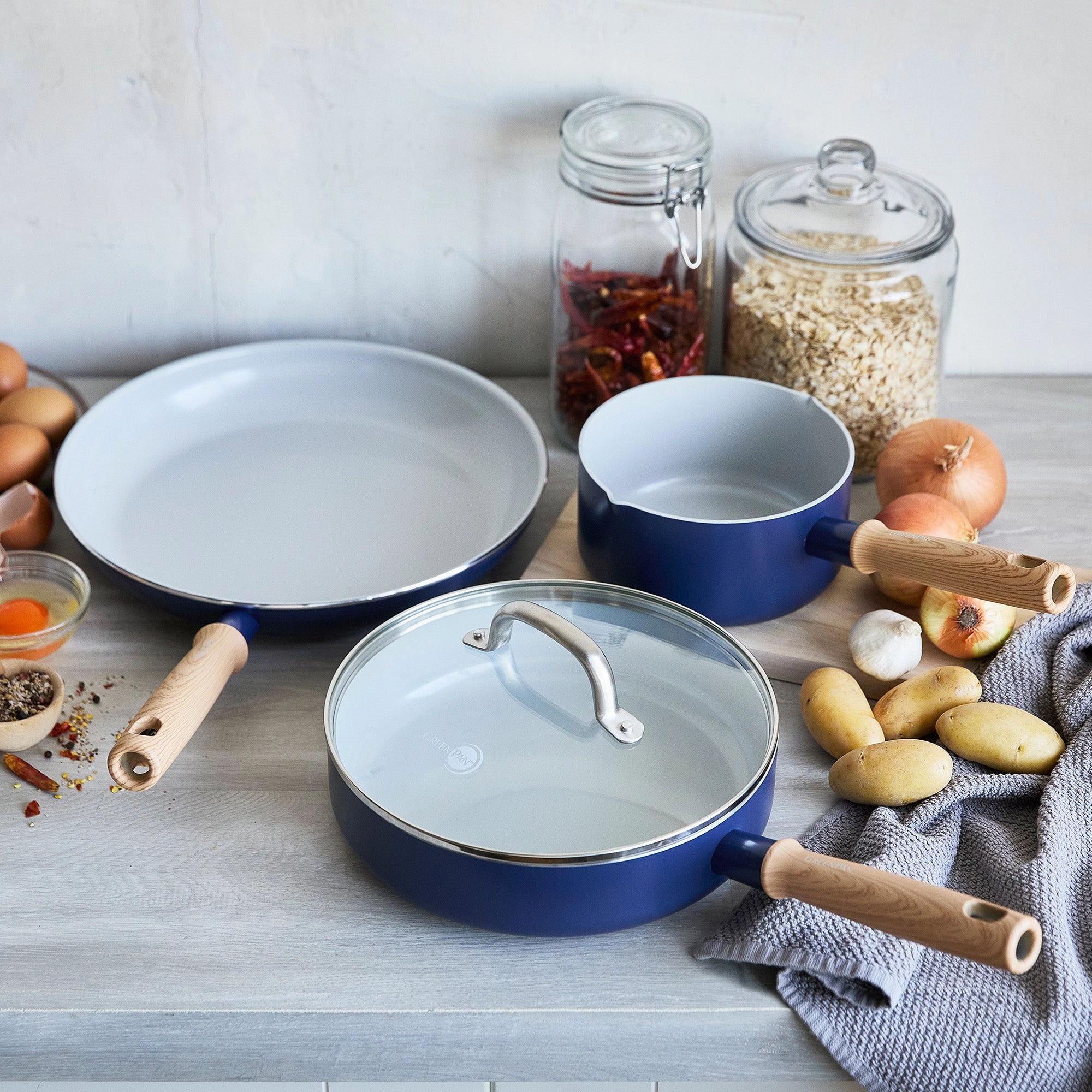 GreenPan Mid Century Modern Healthy Ceramic Cookware Set, PFAS Free, Navy Blue
