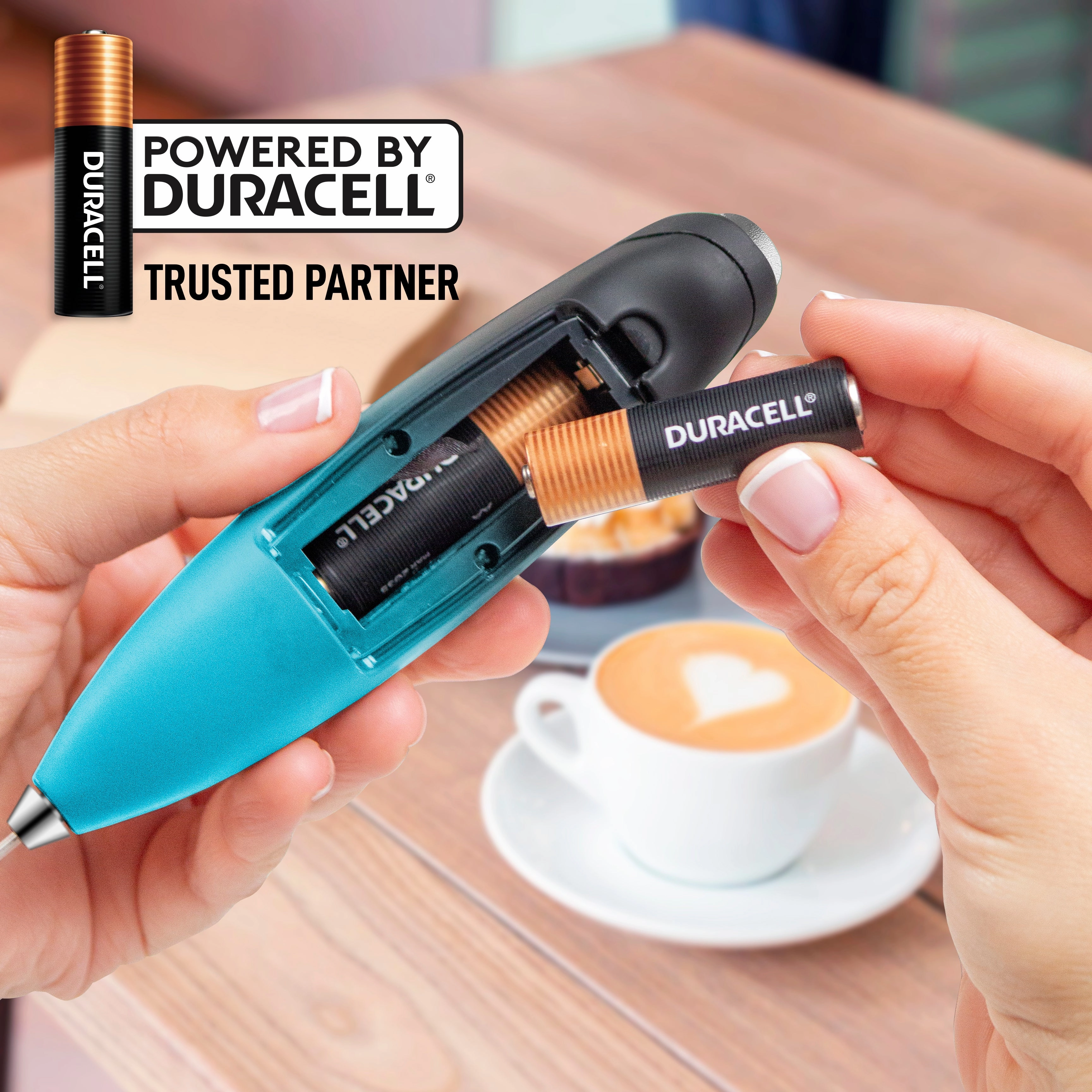 Handheld Milk Frother with 4 Duracell Batteries and Stand Included