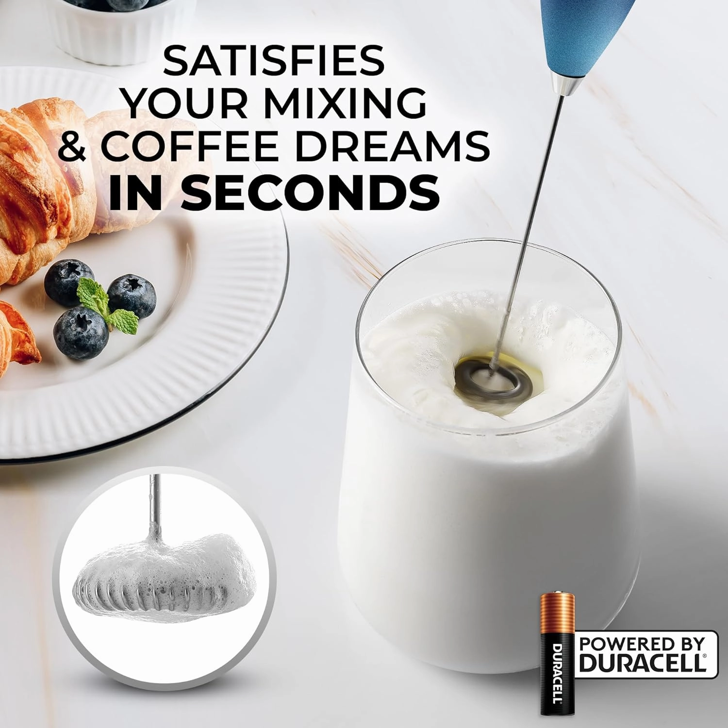 Handheld Milk Frother with 4 Duracell Batteries and Stand Included