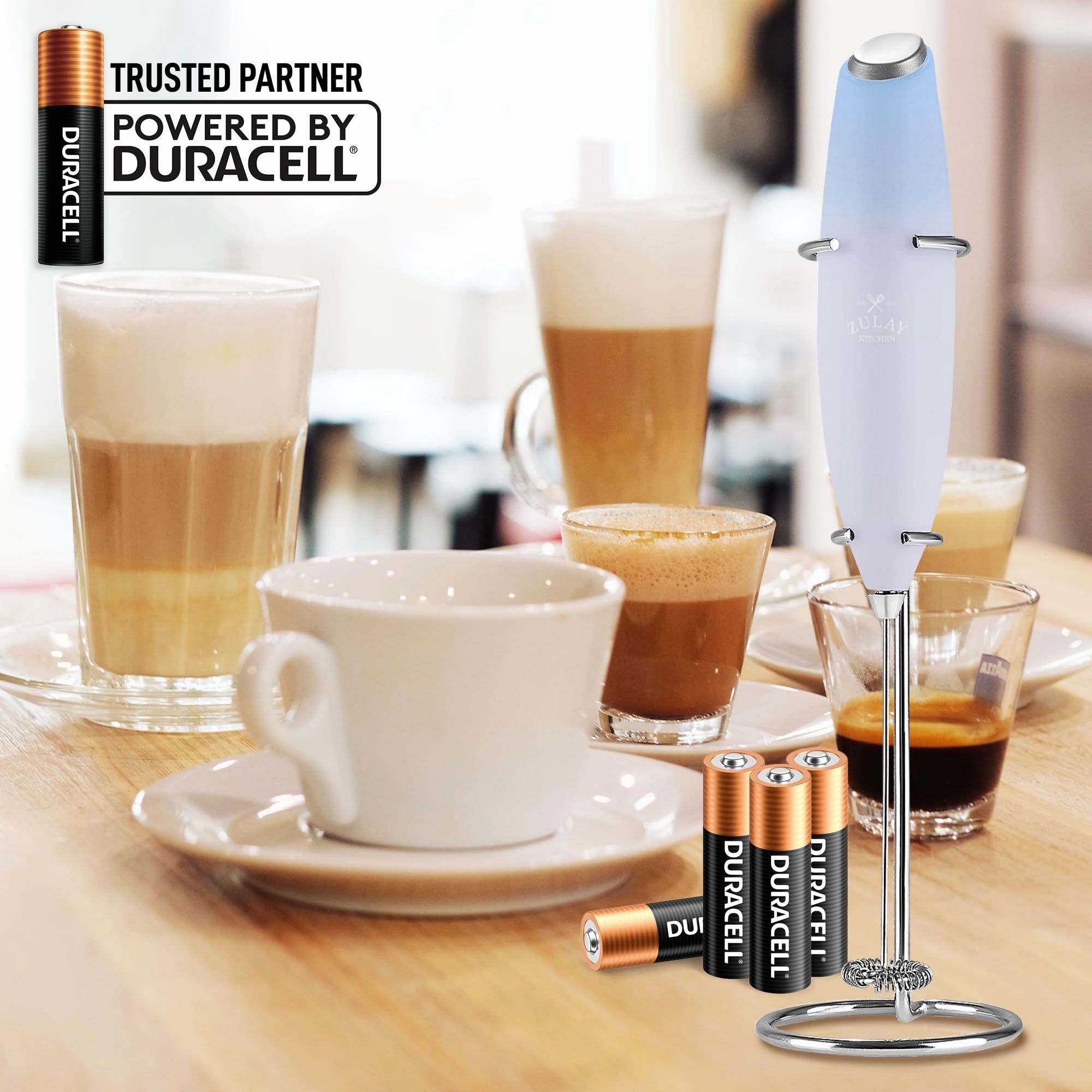 Handheld Milk Frother with 4 Duracell Batteries and Stand Included