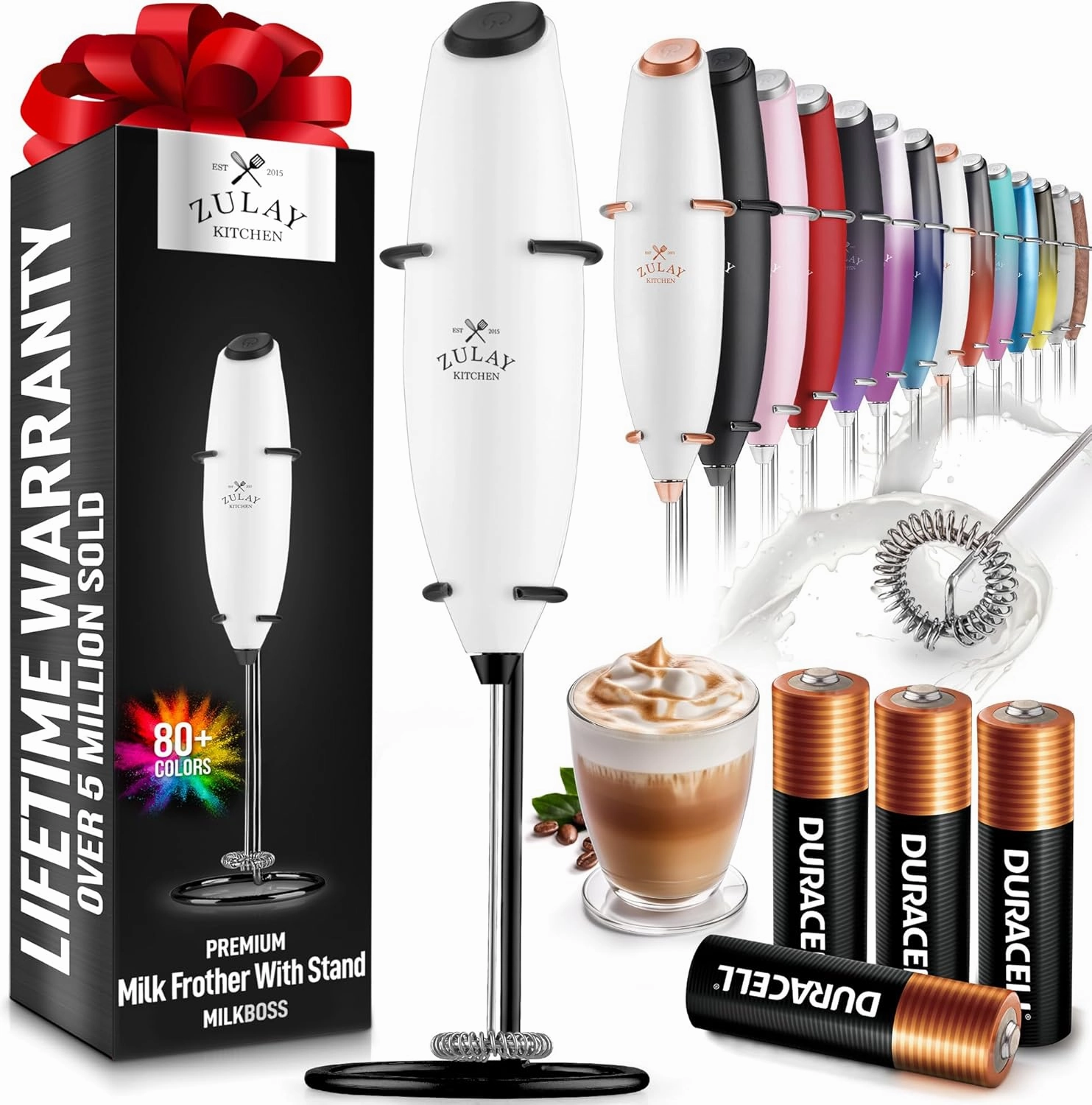 Handheld Milk Frother with 4 Duracell Batteries and Stand Included