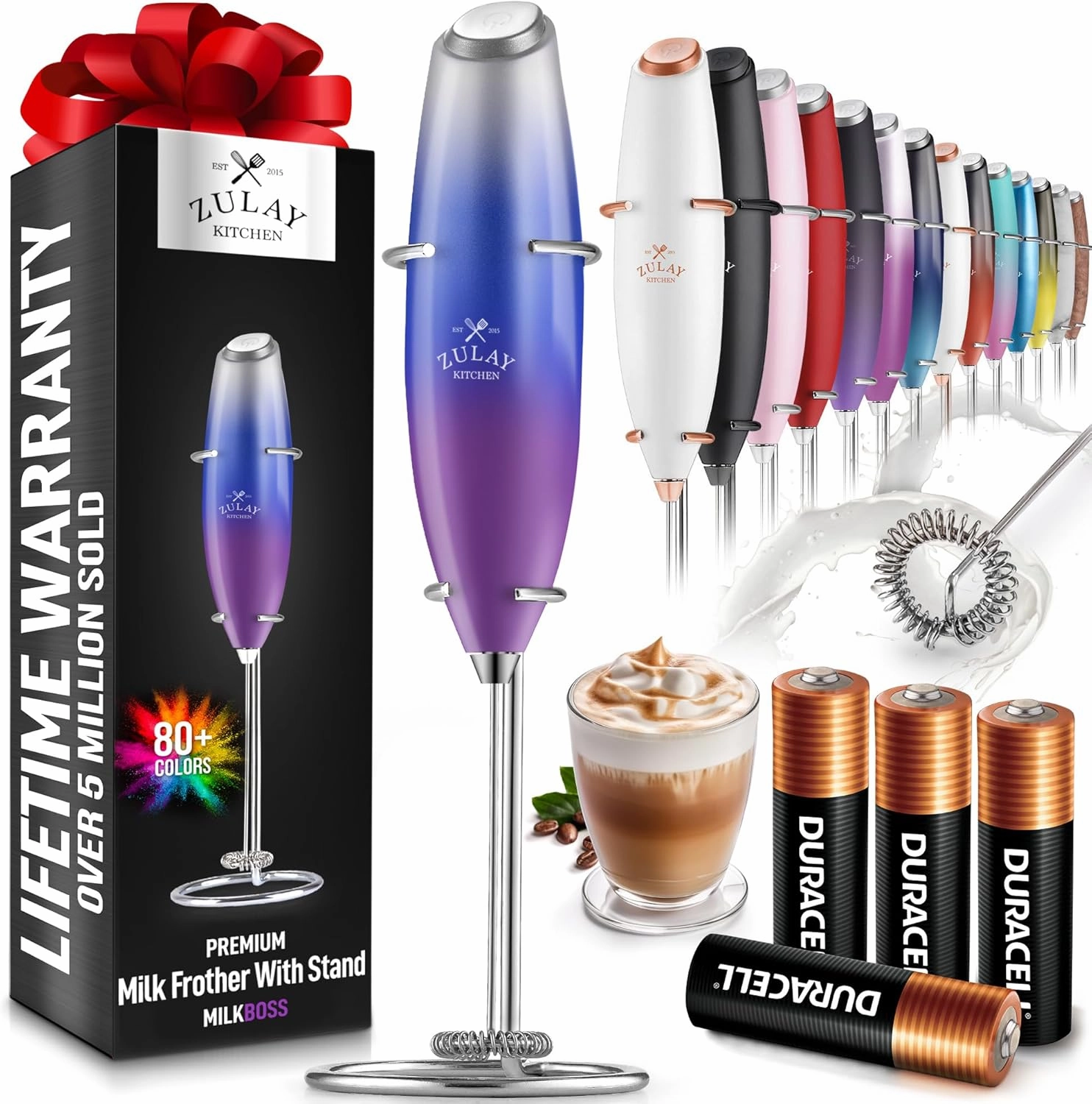 Handheld Milk Frother with 4 Duracell Batteries and Stand Included