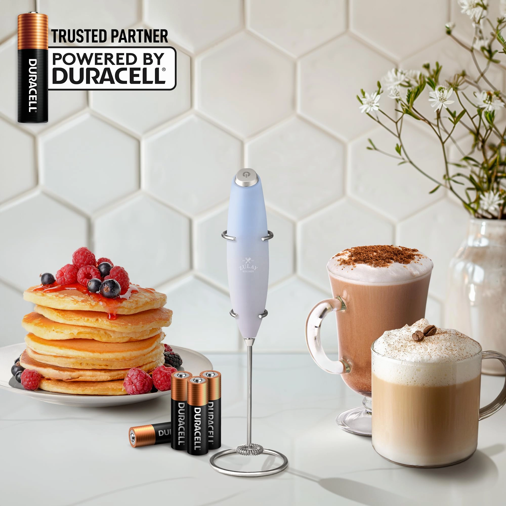 Handheld Milk Frother with 4 Duracell Batteries and Stand Included