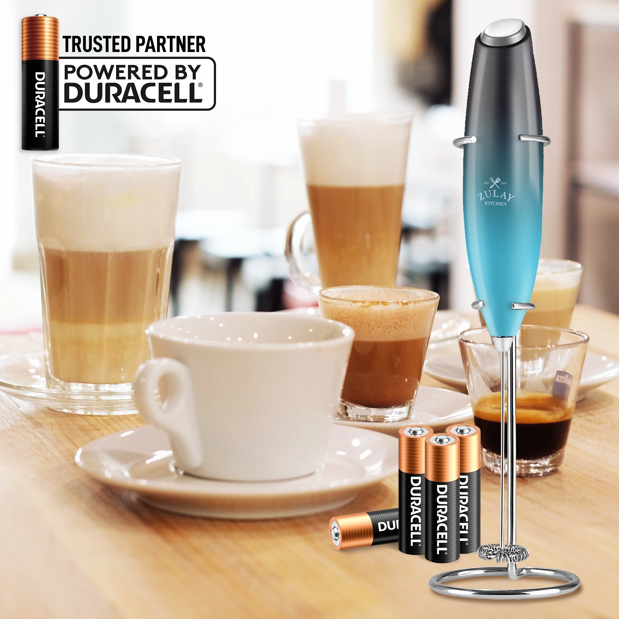 Handheld Milk Frother with 4 Duracell Batteries and Stand Included