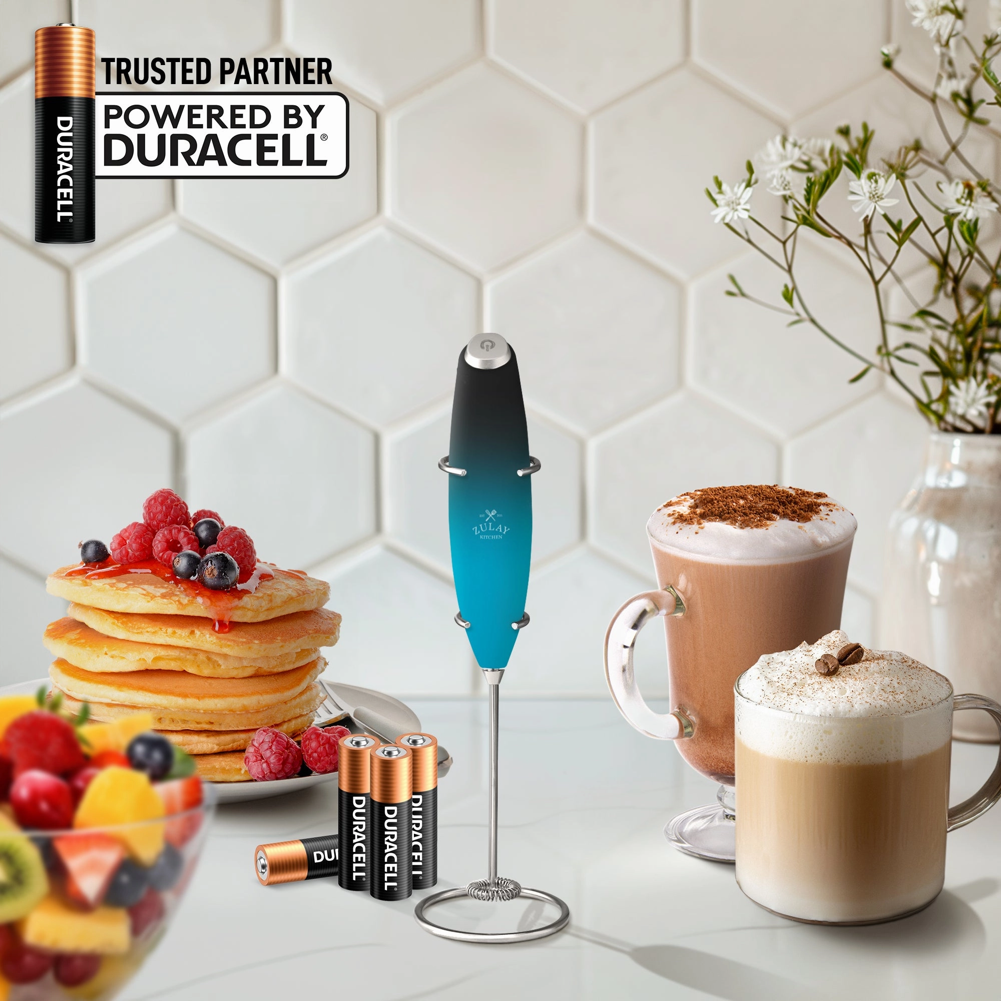 Handheld Milk Frother with 4 Duracell Batteries and Stand Included