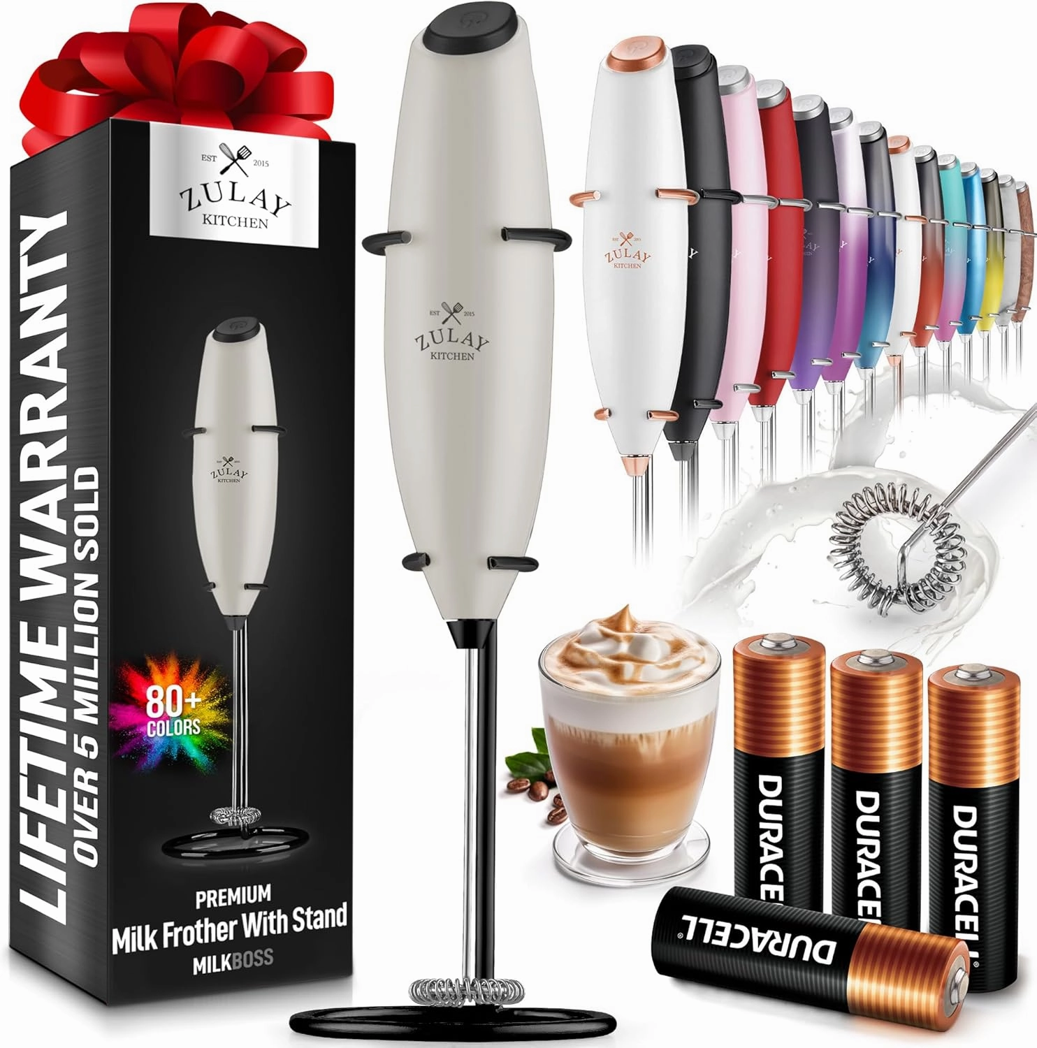 Handheld Milk Frother with 4 Duracell Batteries and Stand Included