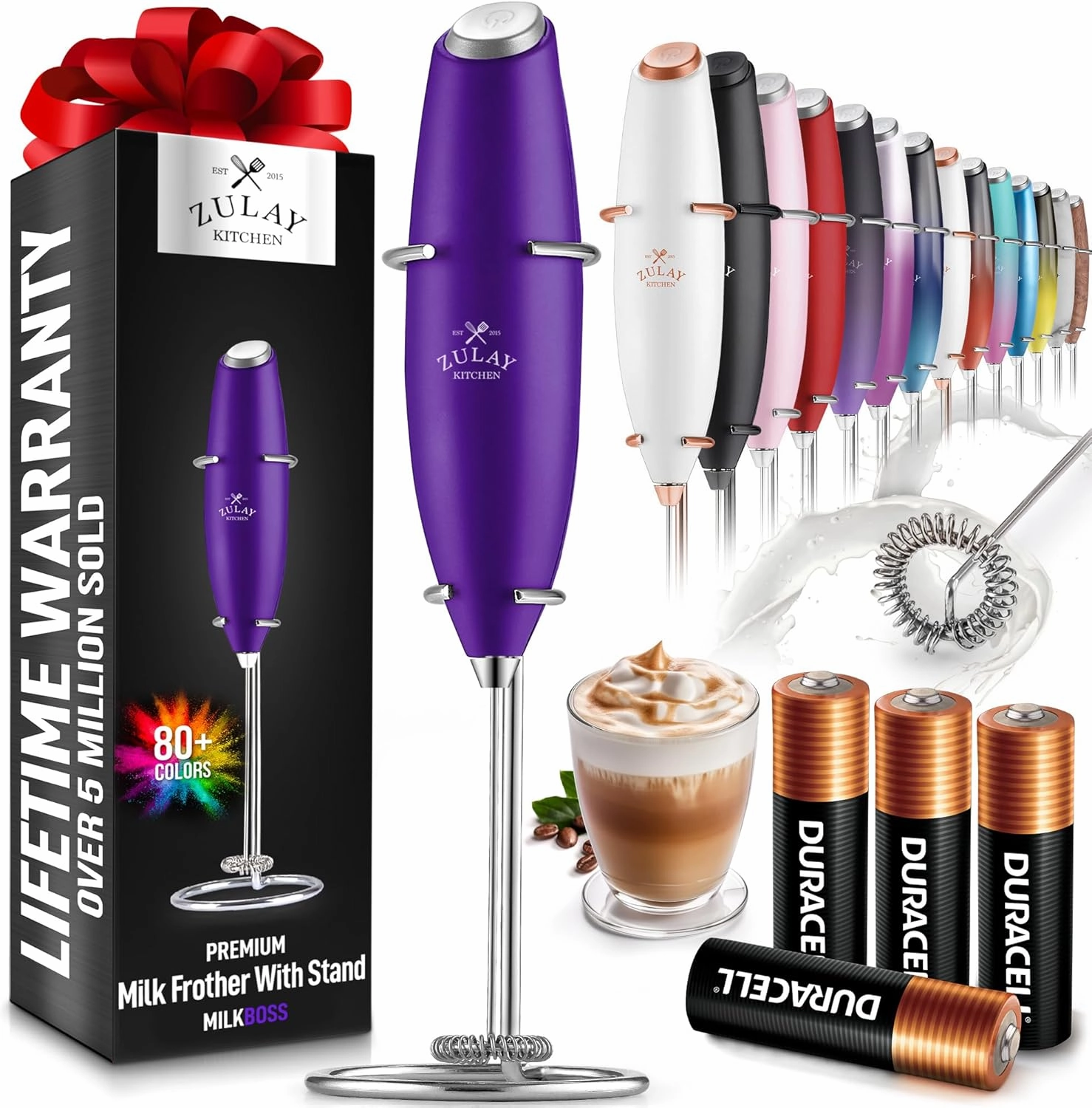 Handheld Milk Frother with 4 Duracell Batteries and Stand Included