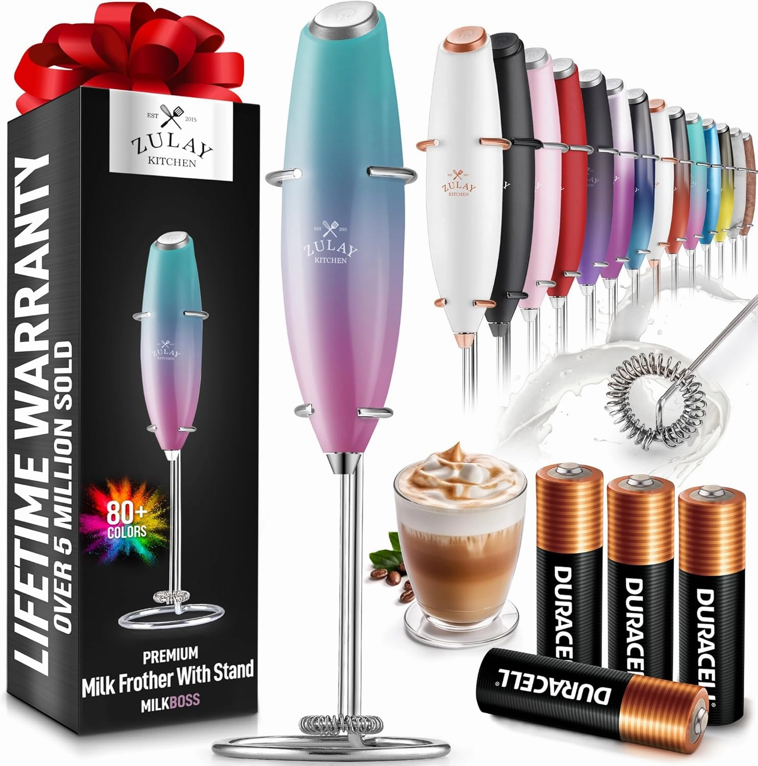Handheld Milk Frother with 4 Duracell Batteries and Stand Included
