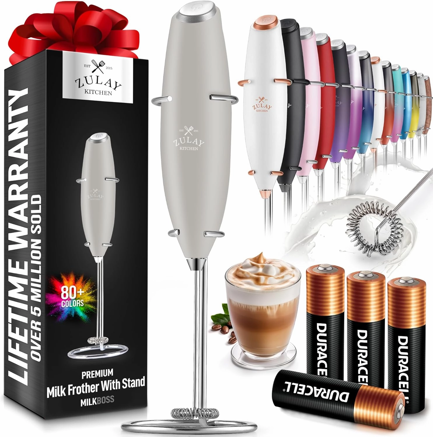 Handheld Milk Frother with 4 Duracell Batteries and Stand Included