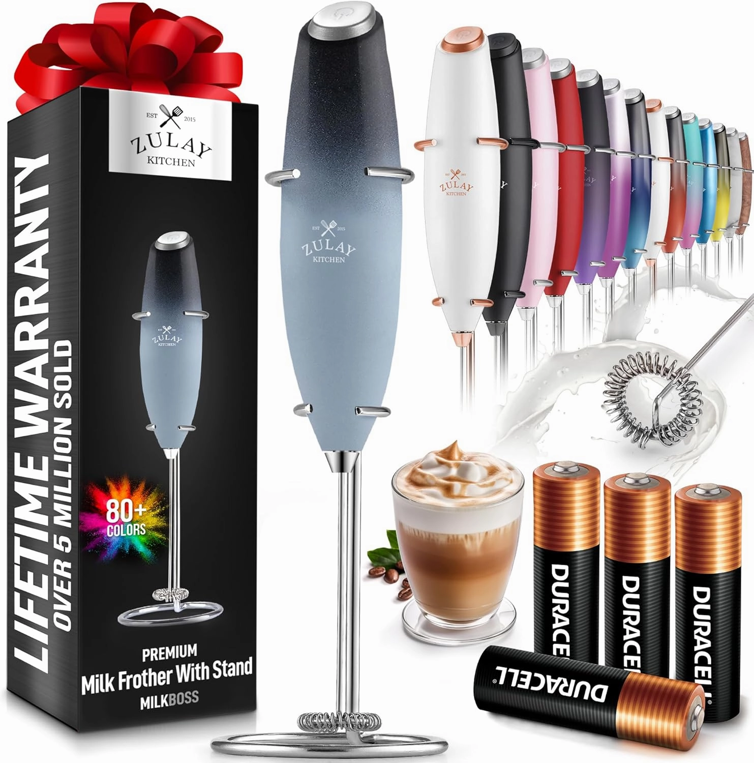 Handheld Milk Frother with 4 Duracell Batteries and Stand Included