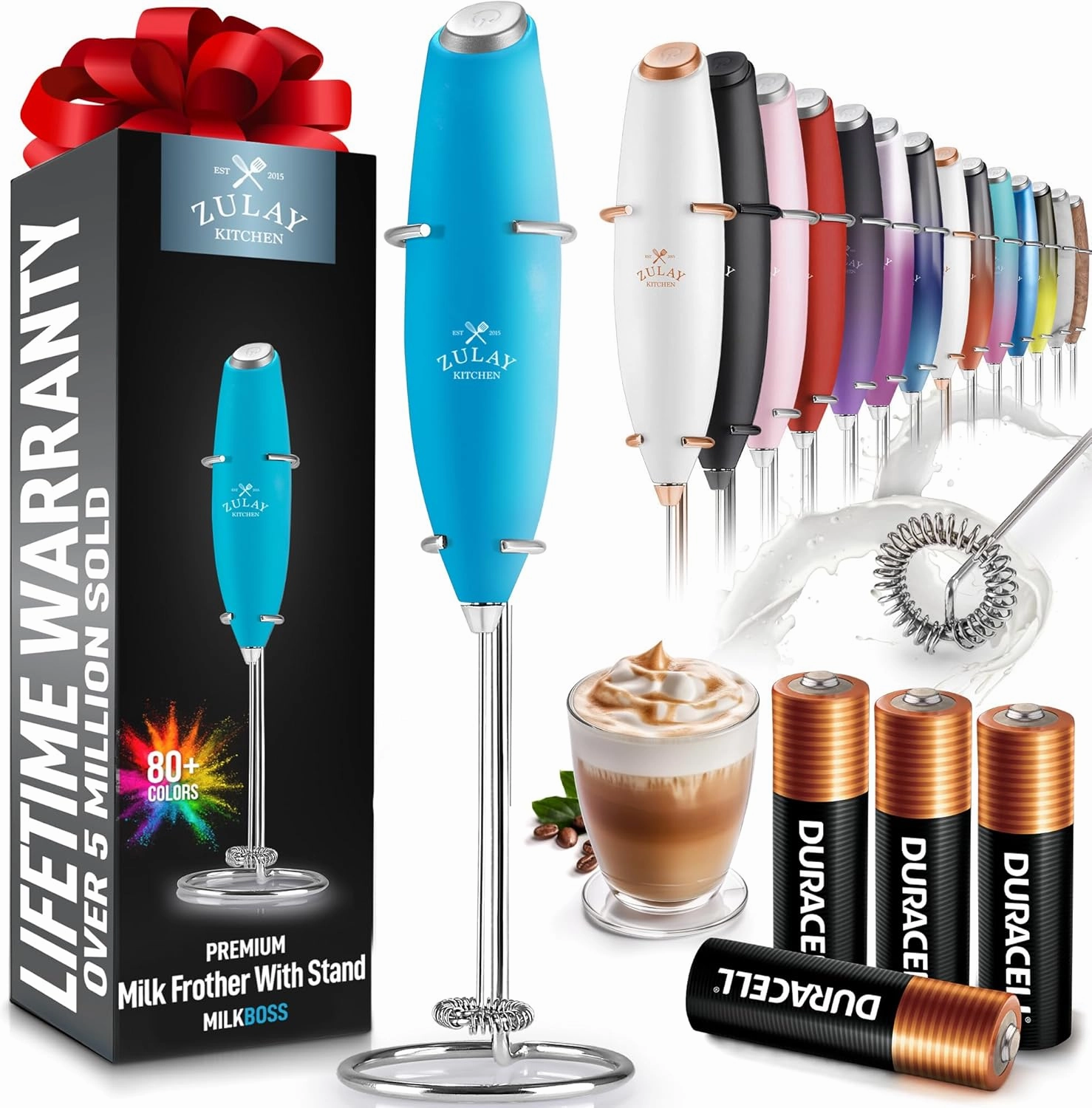 Handheld Milk Frother with 4 Duracell Batteries and Stand Included