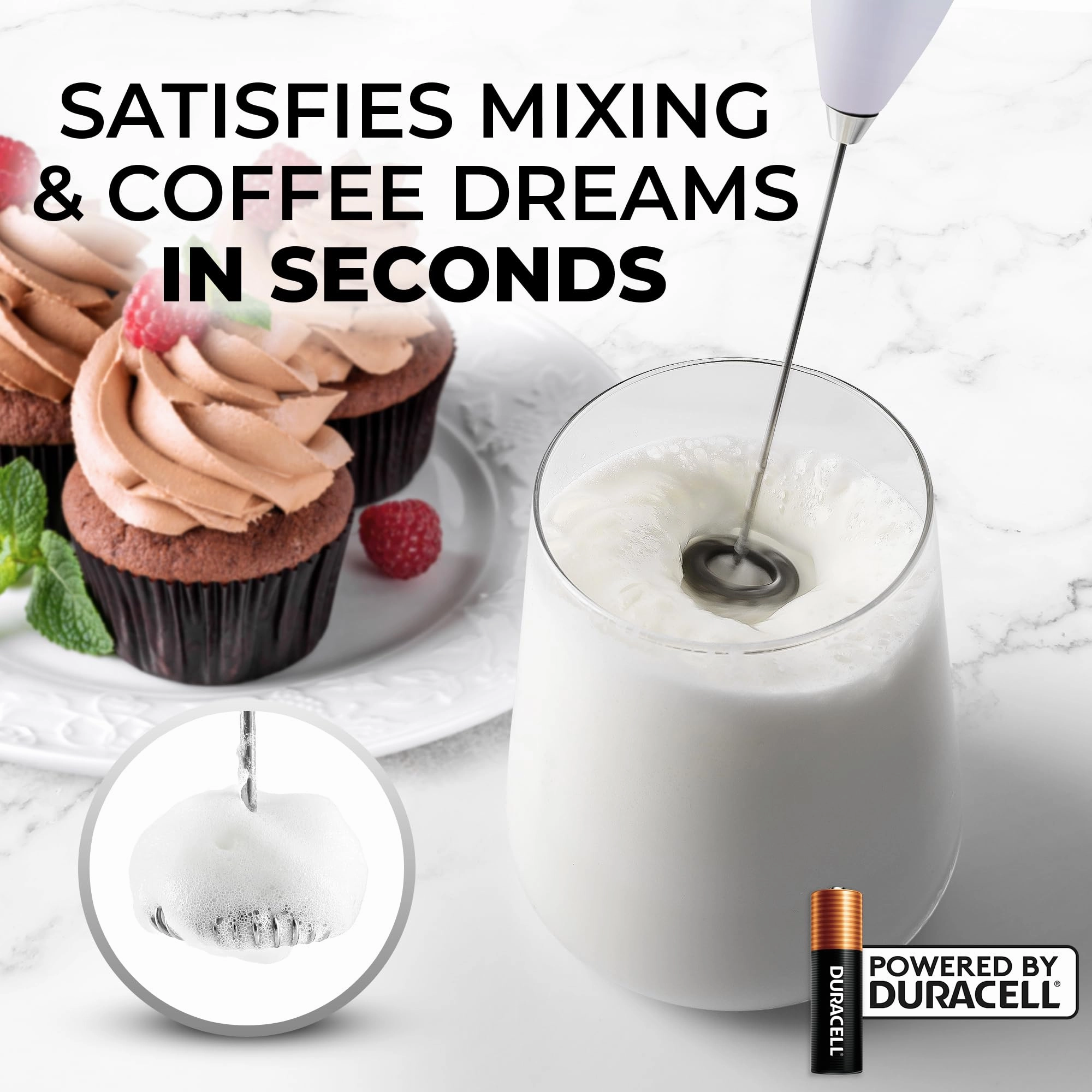 Handheld Milk Frother with 4 Duracell Batteries and Stand Included