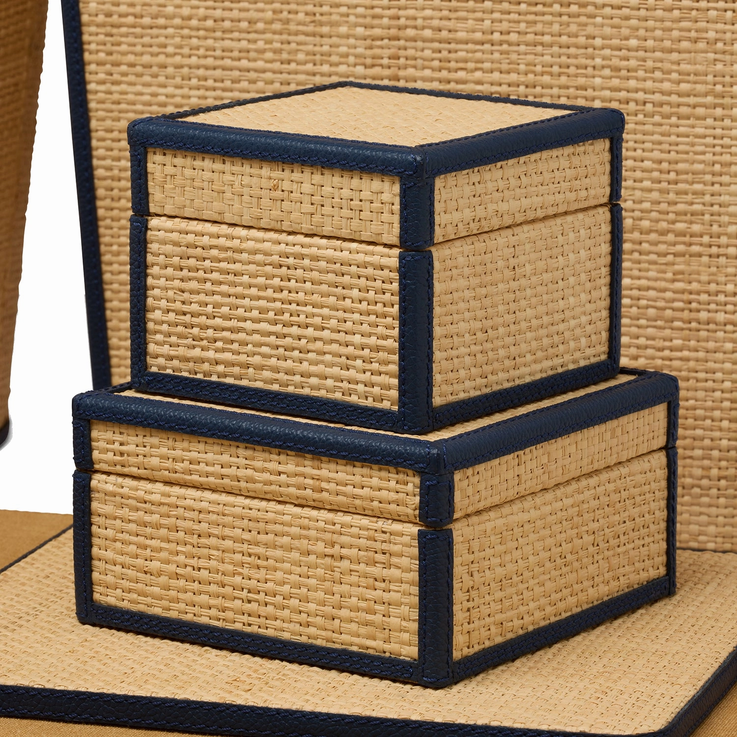 Hanford Natural Raffia/Navy Leather Box Set/2