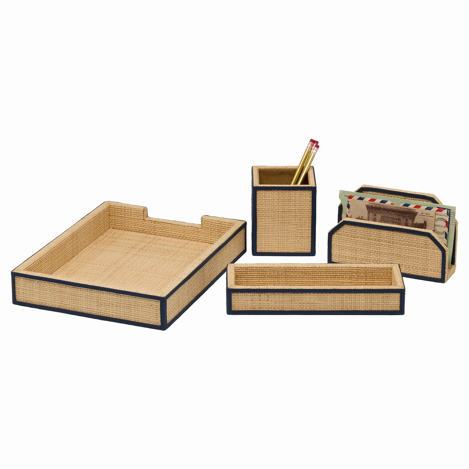 Hanford Natural Raffia/Navy Leather Desk Set