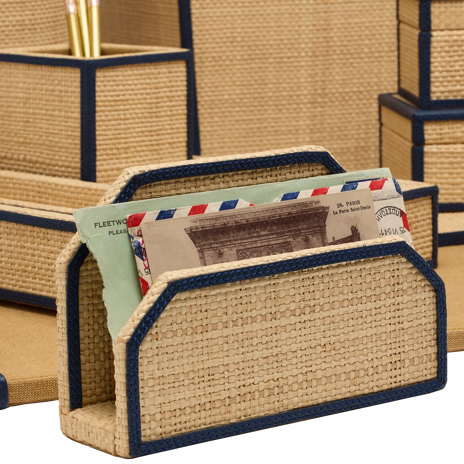 Hanford Natural Raffia/Navy Leather Desk Set