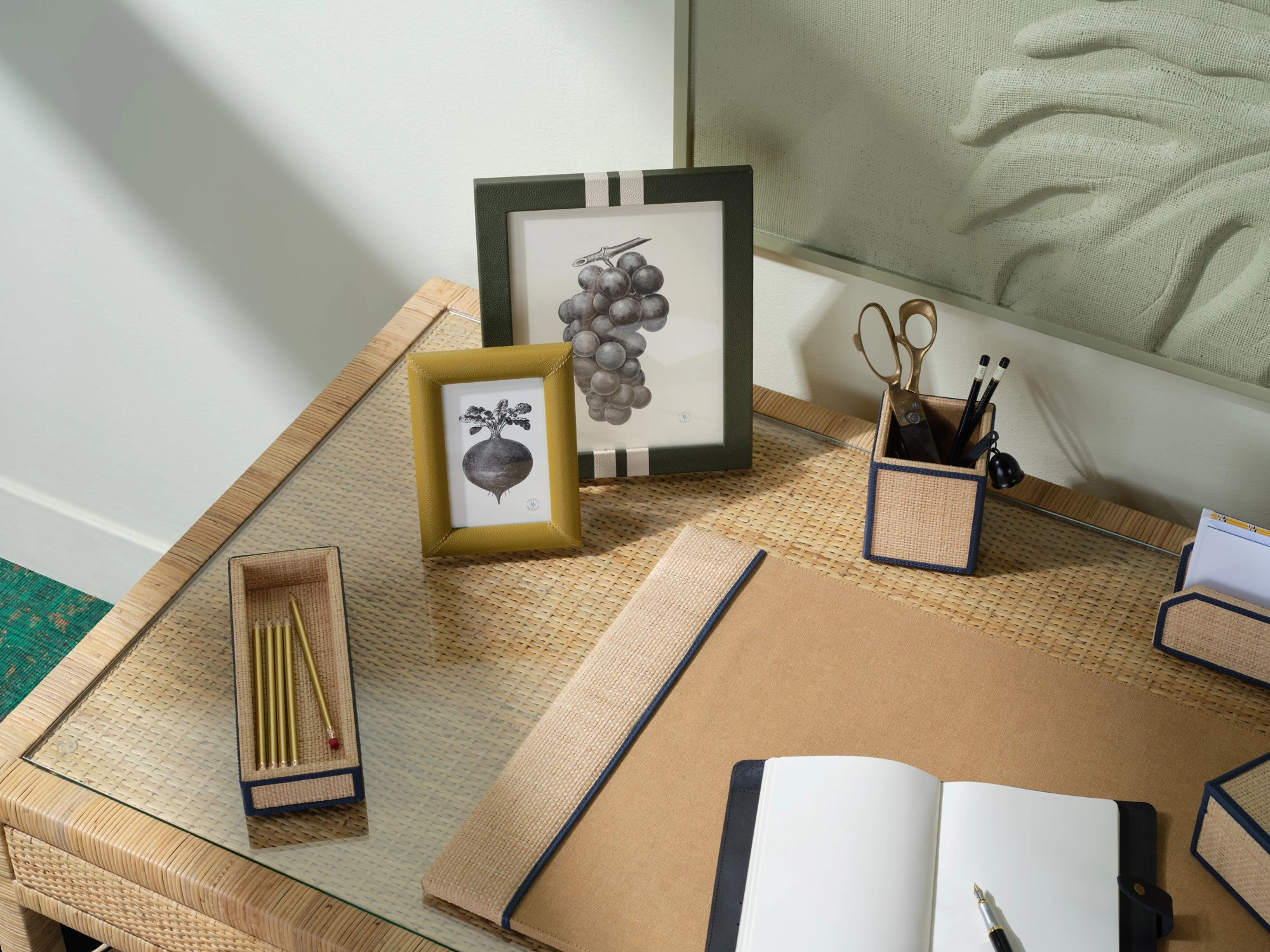 Hanford Natural Raffia/Navy Leather Desk Set
