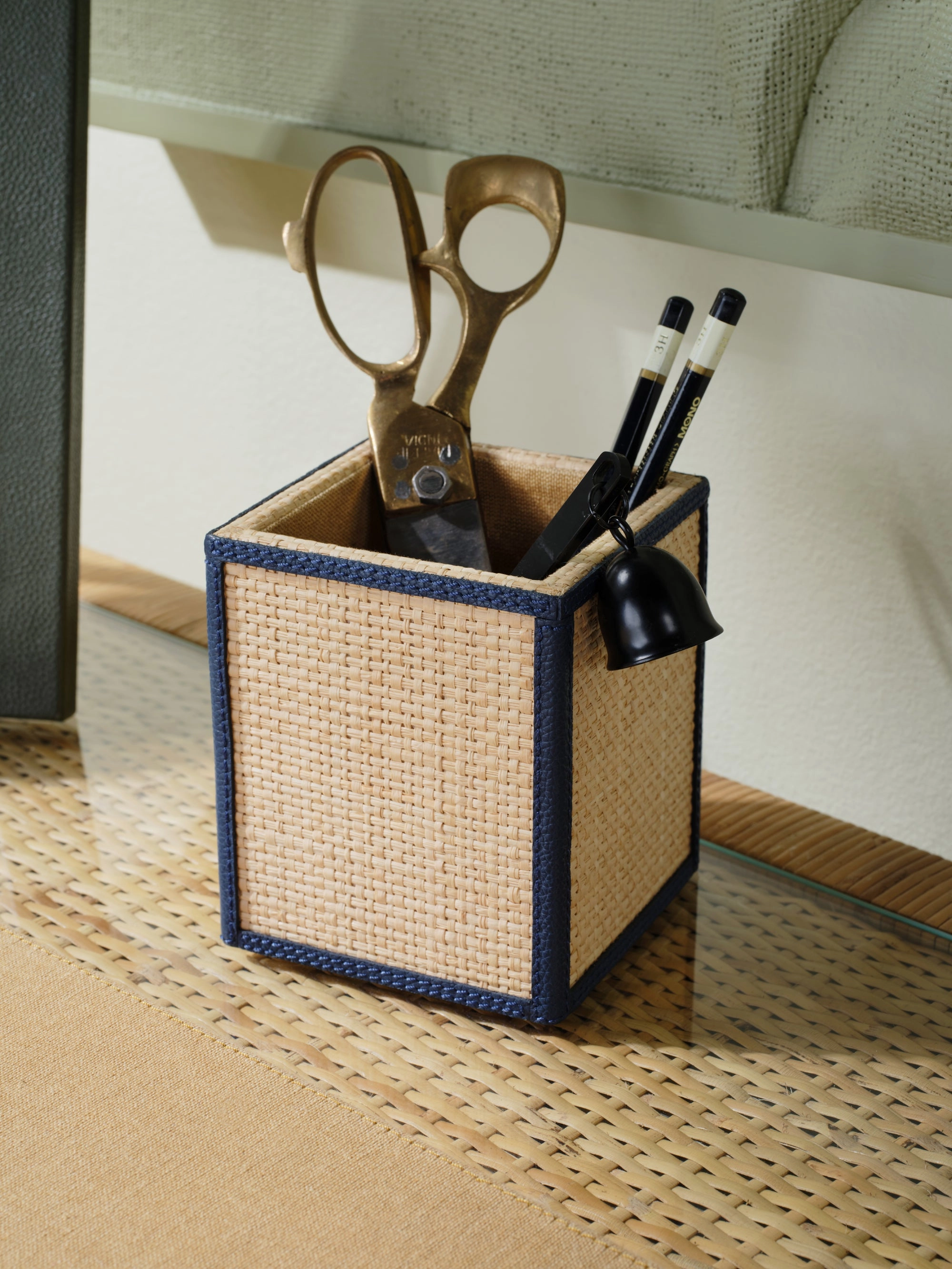 Hanford Natural Raffia/Navy Leather Desk Set