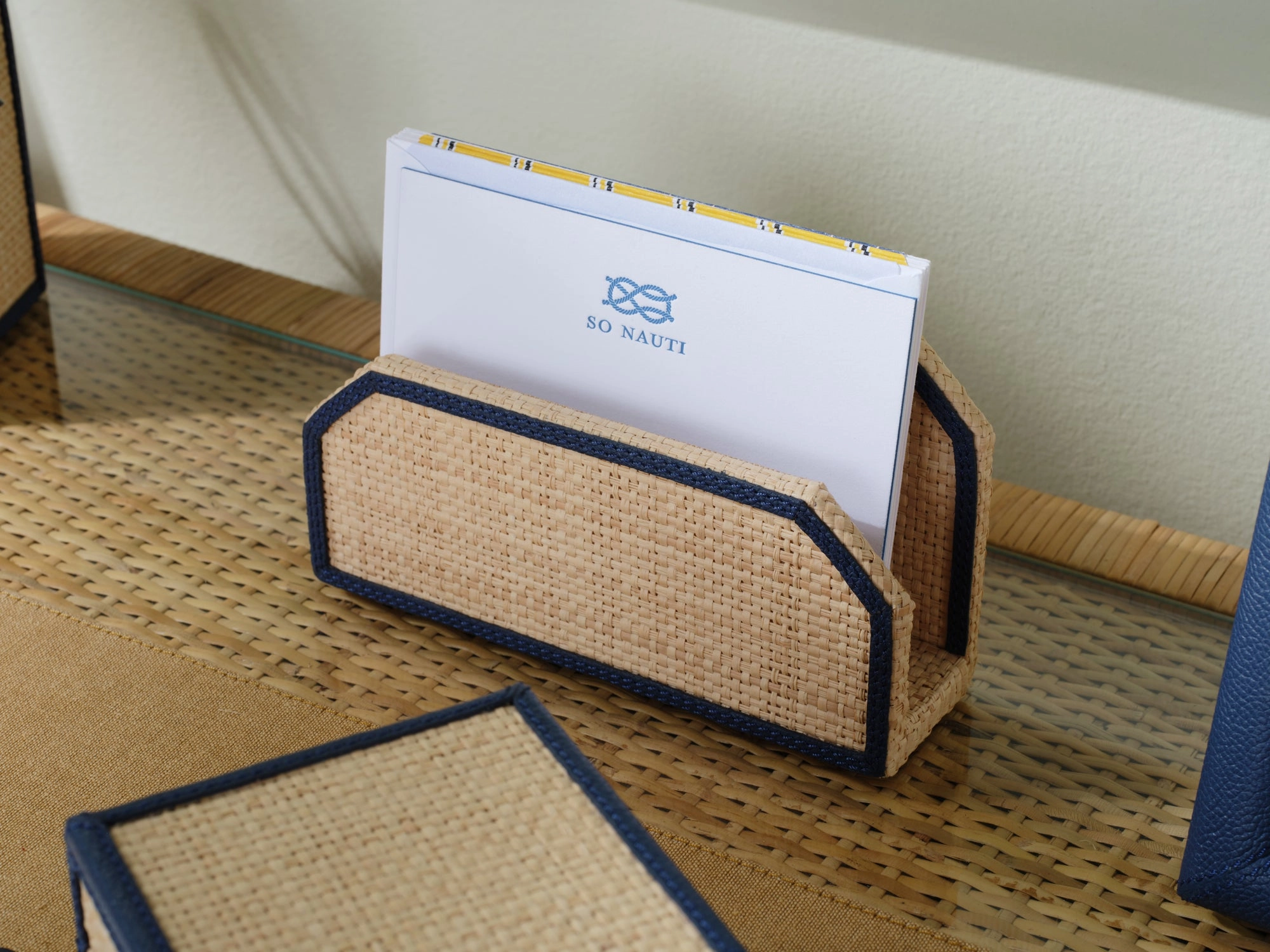 Hanford Natural Raffia/Navy Leather Desk Set