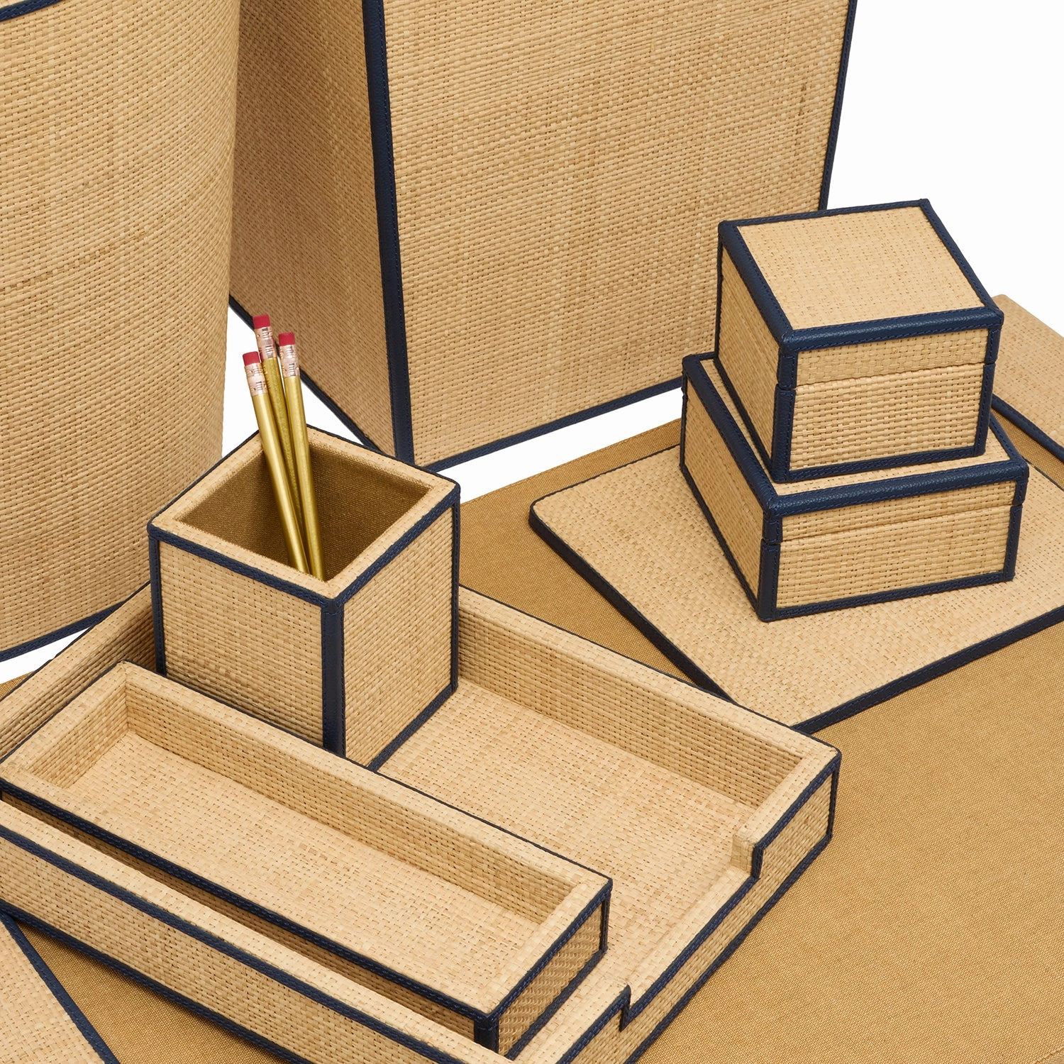 Hanford Natural Raffia/Navy Leather Desk Set
