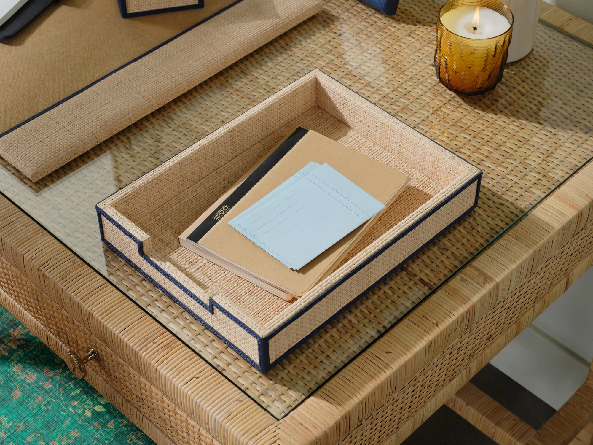 Hanford Natural Raffia/Navy Leather Desk Set
