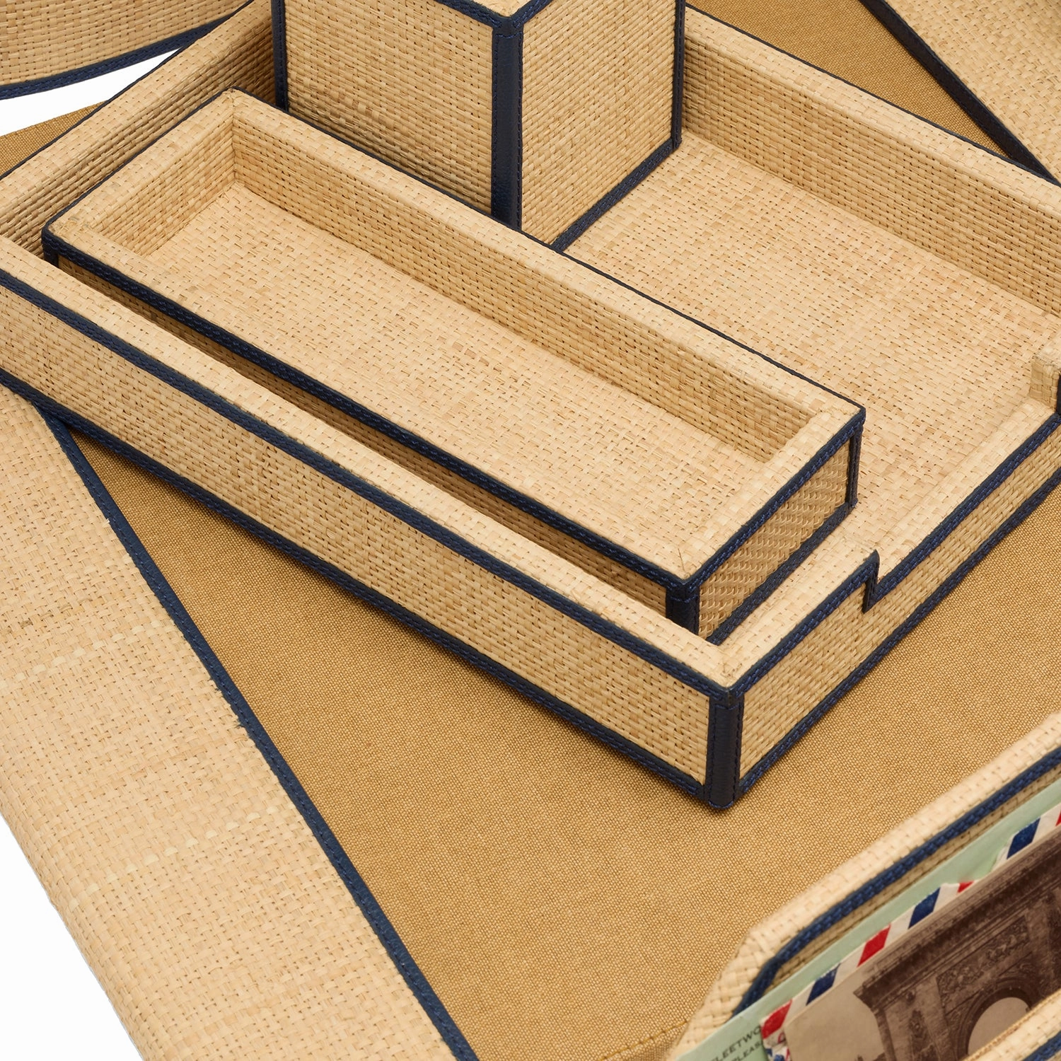 Hanford Natural Raffia/Navy Leather Desk Set