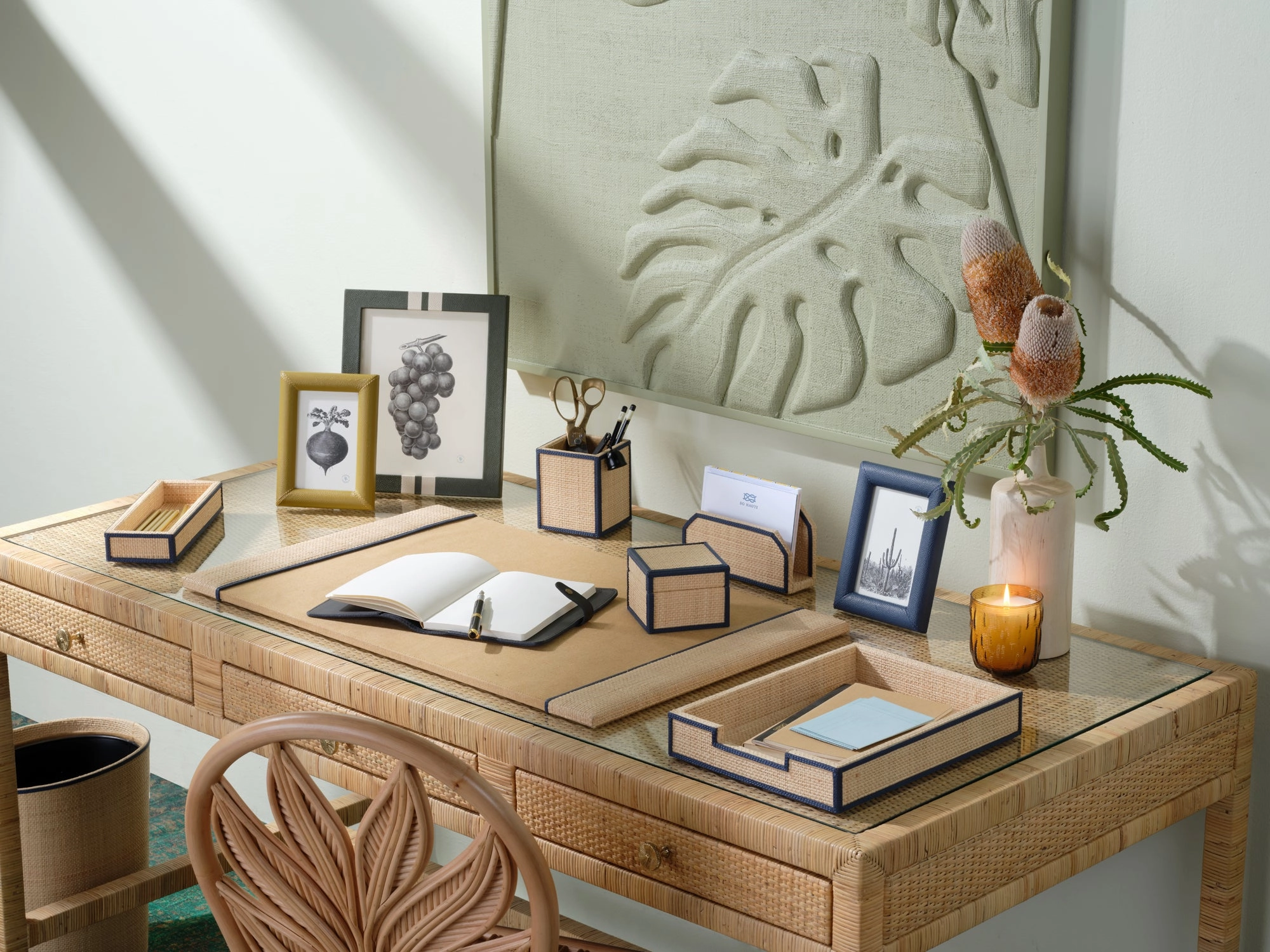 Hanford Natural Raffia/Navy Leather Desk Set