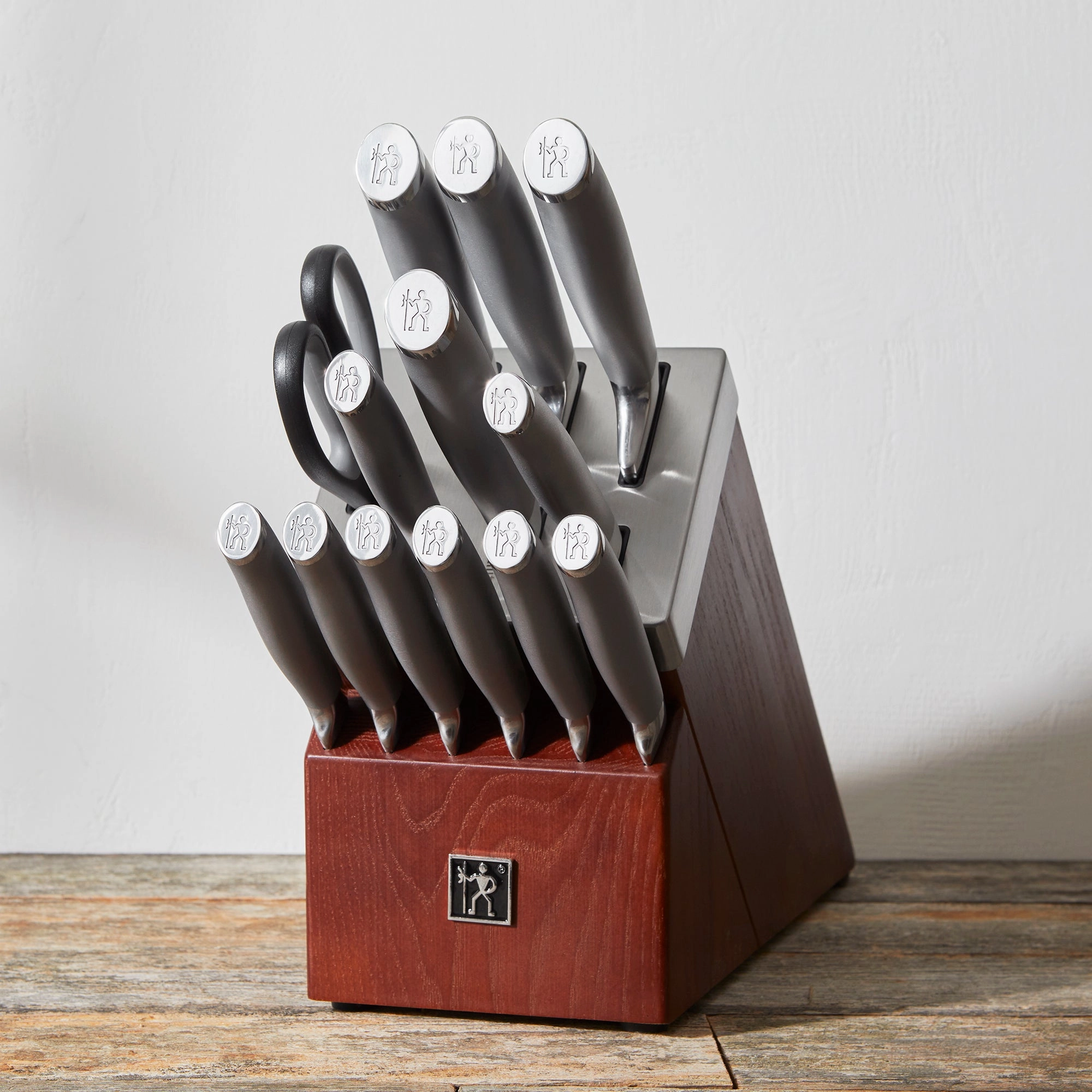 Henckels Modernist 14-pc Self-Sharpening Knife Set with Block, Chef Knife, Paring Knife, Bread Knife, Steak Knife, Dark Brown, Stainless Steel