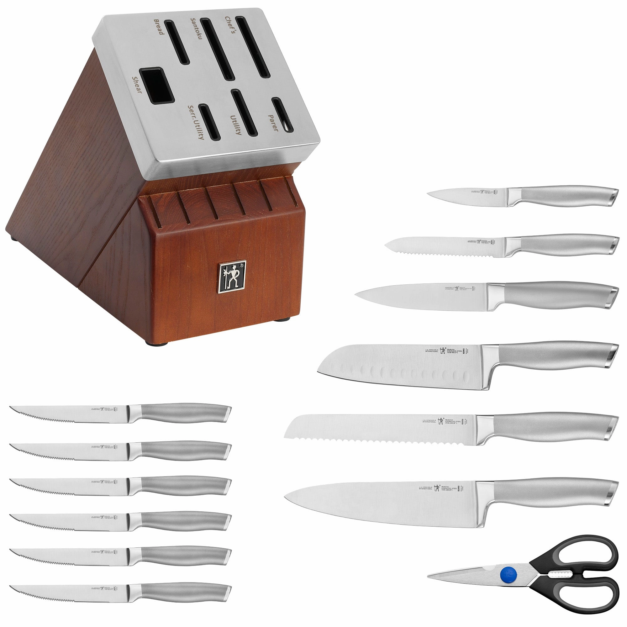 Henckels Modernist 14-pc Self-Sharpening Knife Set with Block, Chef Knife, Paring Knife, Bread Knife, Steak Knife, Dark Brown, Stainless Steel