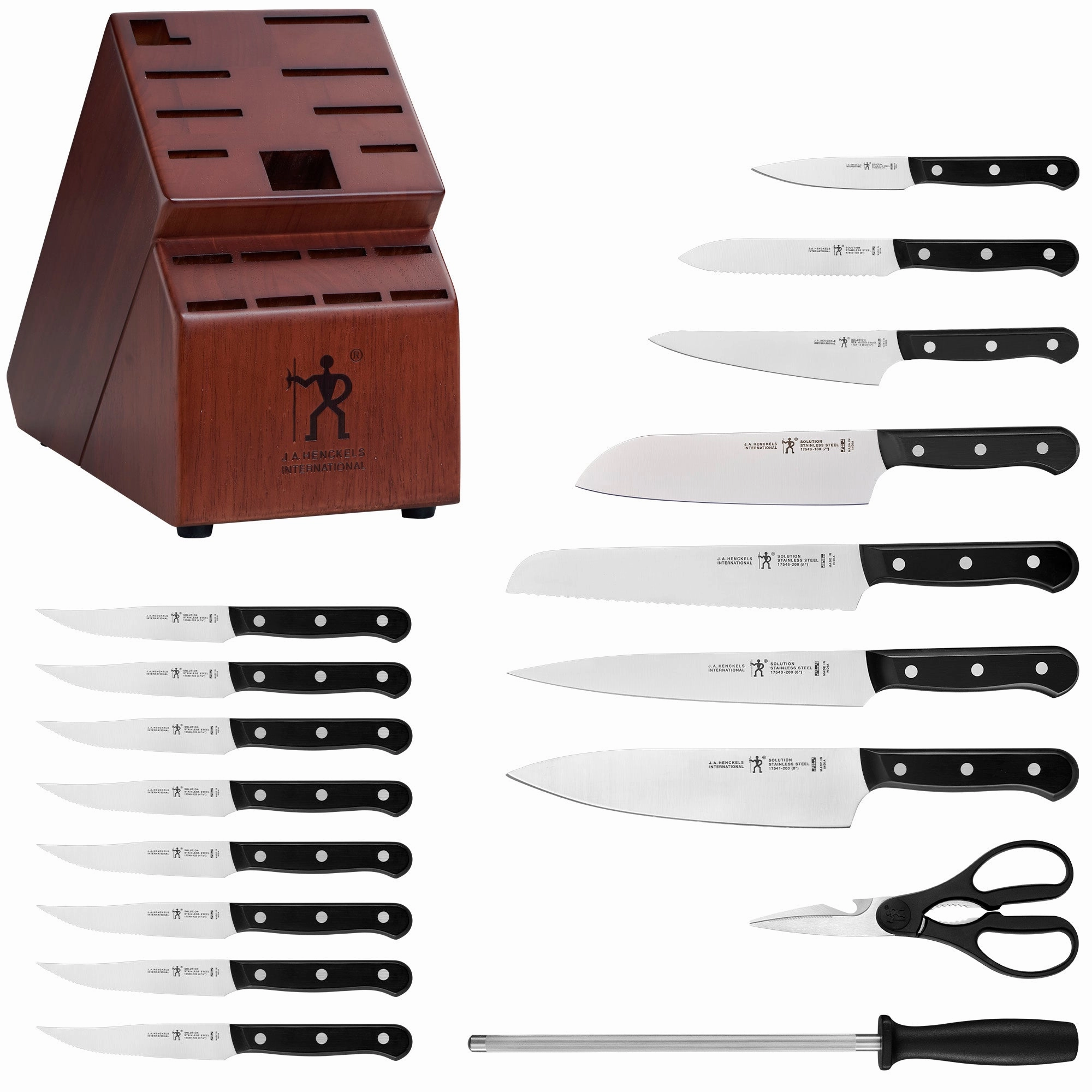 HENCKELS Razor-Sharp Solution 18-pc Knife Set with Block, Chef Knife, Steak Knife, Utility Knife, Dark Brown, Stainless Steel, German Engineered Informed by 100  Years of Mastery