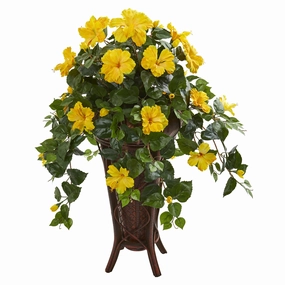 Hibiscus Artificial Plant in Stand Planter Faux Florals home florals discount