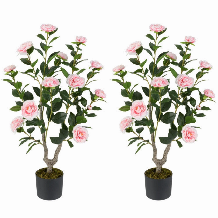 Hivvago 36 Inch Artificial Camellia Tree with Blooming Flower 2 Pack