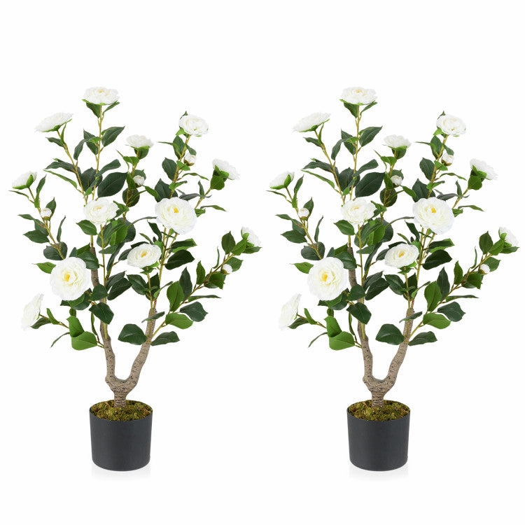 Hivvago 36 Inch Artificial Camellia Tree with Blooming Flower 2 Pack Faux Florals home florals discount
